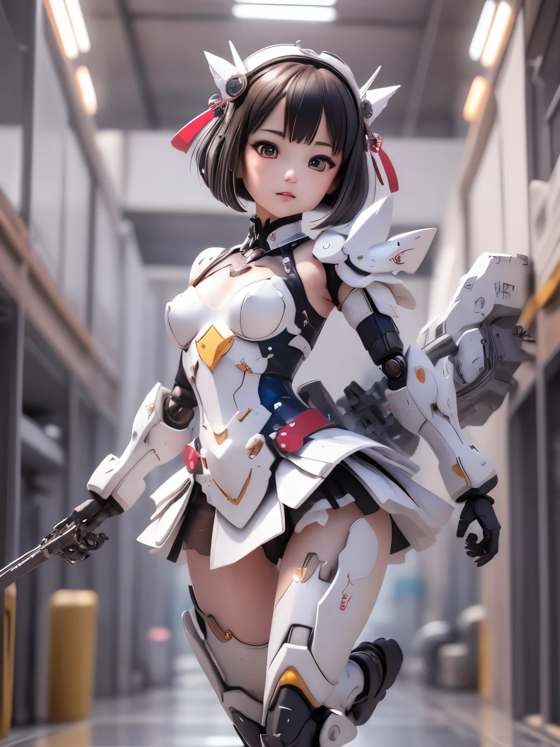 armor colored white and blue,,japanese young girl, {(wear gothic ta clothes with white frills:1.2)}, {wears a futuristic Gundam style armor}, with headgear, with v-fin , armored shoulders,armored under arms, armored under legs,full body:1.5, battle pose,Pose that uses the whole body,
cute, (cute:1.2), (bob cut:1.3),三つ編み, 黒髪, 太い眉毛, 薄い色の虹彩, 大きくて輝いている黒い瞳, 長いまつげ, 小さく薄い色の自然な唇, (Average face of Japanese idols), (日本人特有の童顔:1.3), (baby face), 広いおでこ:1.2, ふっくらした頬, 小さな顎, open legs, spread feet, visible side boob, (holding weapon),(holding huge weapon), holding Very large shield,in the hangar,looking at viewer,Focus on the eyes ,
3D rendering,
Small robot,
portrait female anime,
cute 3d anime rendering,
cute detailed digital art,
mini cute mech,
3D rendering stylized,
3D renderingされたキャラクター アート 8k,
cute digital painting,
Anime style 3D,
Super detailed rendering,
weapon in hand,
