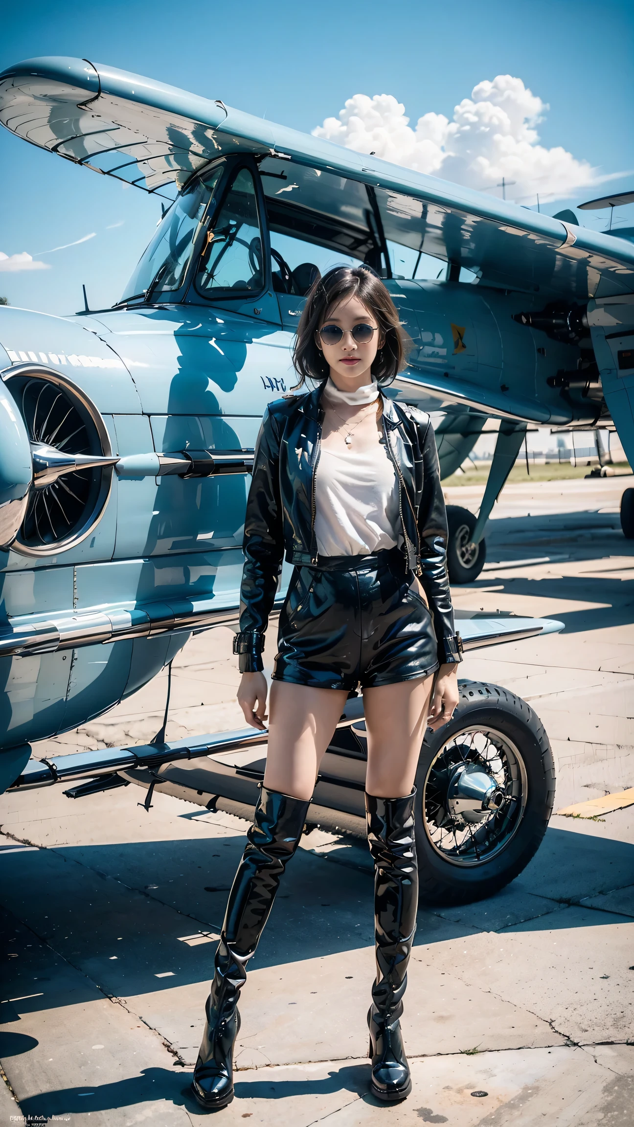 （best quality，4K，8k，masterpiece：1.2），Super fine，（lifelike，照片lifelike，The photos are real：1.37），Female pilots，confident expression，clear focus，lifelike、aviator sunglasses，leather flight suit，Jumpsuits，leather boots，aviation scarf，sunny，蓝天白cloud，cloud，adventure，Vintage aircraft，Retro color，retro filter，Retro Style，soft sunshine，