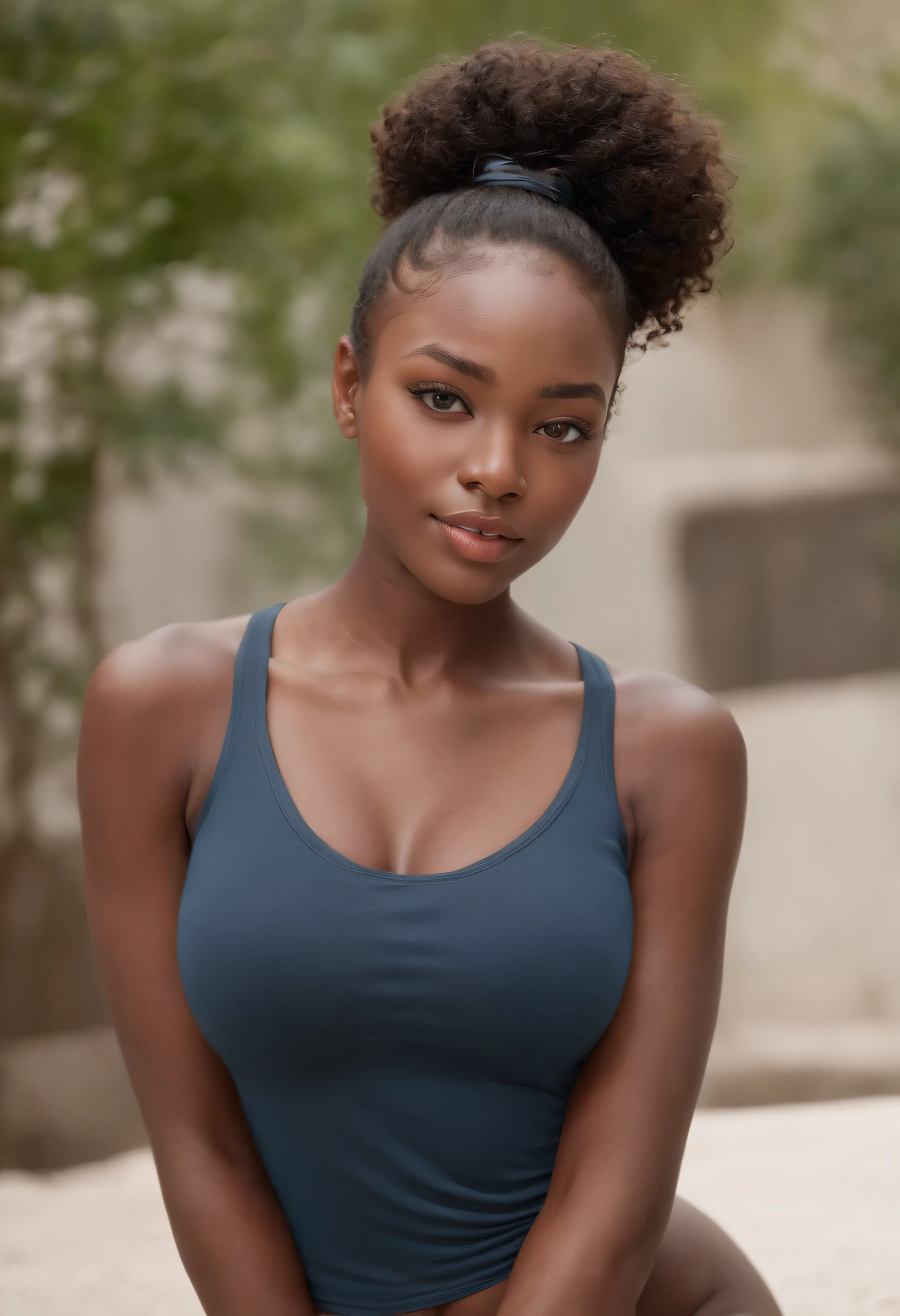 ((African dark Piel, Very deep ebony Piel)), ((Su belleza es innegable)), ((Cara linda emocionada)), ((Ojos perfectos ultra detallados,)), ((linda pose)), ((lengua fuera)), ((seductor )), sexy, (( Camisa de malla pitillo, pantalones cortos sexys)), ((Cola de caballo africana larga y rizada africana,)), (( Piel)), ((de pie, vista frontal)), ((Acaricia tus piernas en una pose sexy)), ((al aire libre, Public cities)), Sharp focus CGI, fotorrealista, Alto detalle, Realista, obra maestra, absurdo, Mejor calidad, HDR, alta calidad, k hd, extremadamente detallado, Fondo de pantalla 8K, detalles intrincados, 8K UHD, Full HD, (Realista photo:1.2), contraste, Luces deslumbrantes, cinematic lighting, natural lighting, luz dura, backlit lighting, global illumination, Ambient occlusion