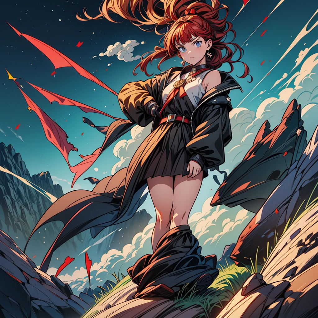 Masterpiece, High-Quality, High-Resolution, Anime Style, Bright Main Colors, Normal Camera Angle, Full-body Subject, a cool gilrl, (get wild, self control, BEYOND THE TIME, SEVEN DAYS WAR:1.5), Richly drawn and ultra-detailed