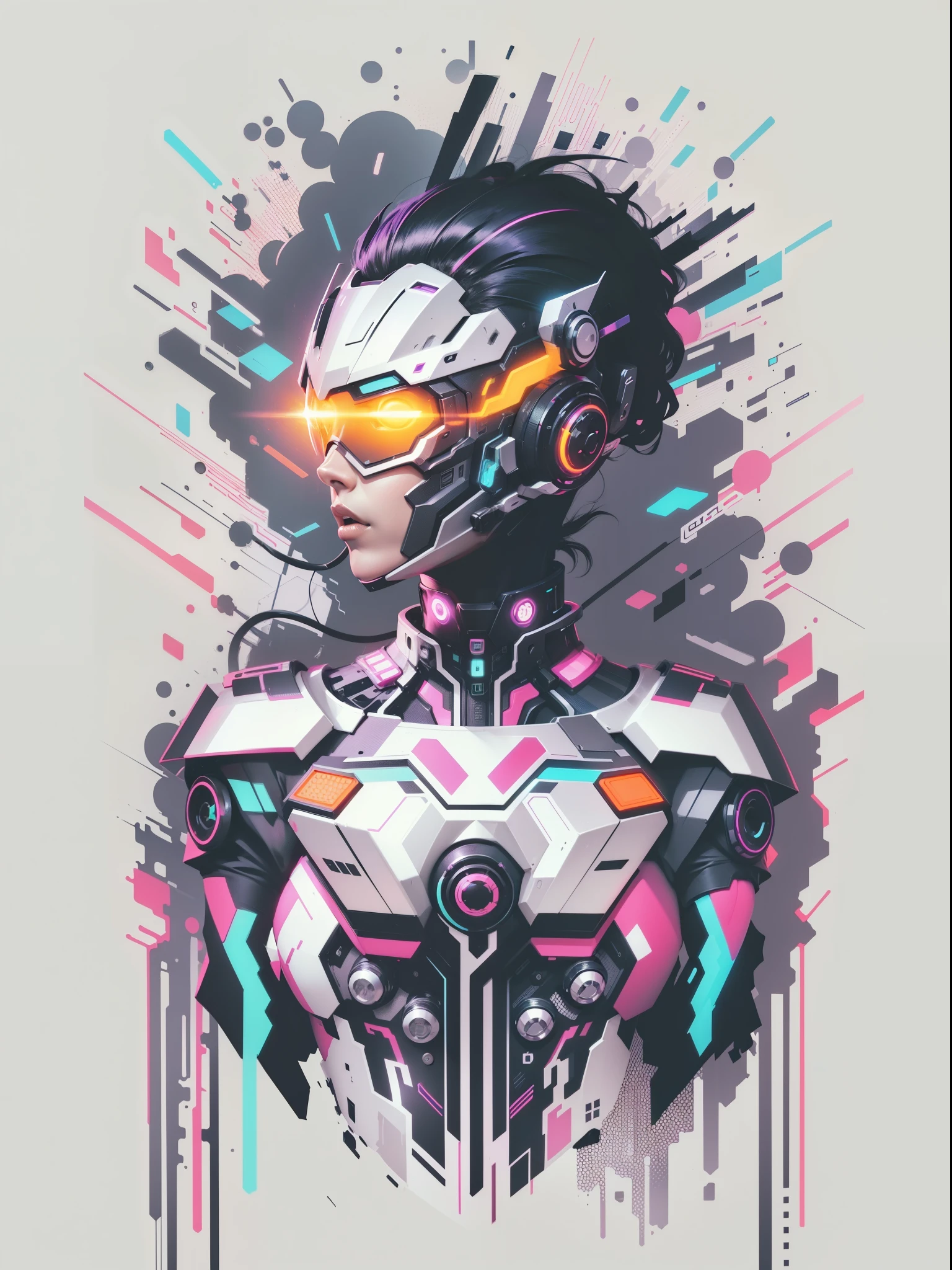 graphic design t-shirt, flat design, futuristic cyberpunk robot in mix of tones, topless,, sexy body, topless, flashing , big , metal skin,metal nipples, laser beams, purple emissive eyes, colorful tones, clean highly detailed, vector image, smoke explosion, simple background, flat white background, bright vector ((white background) )