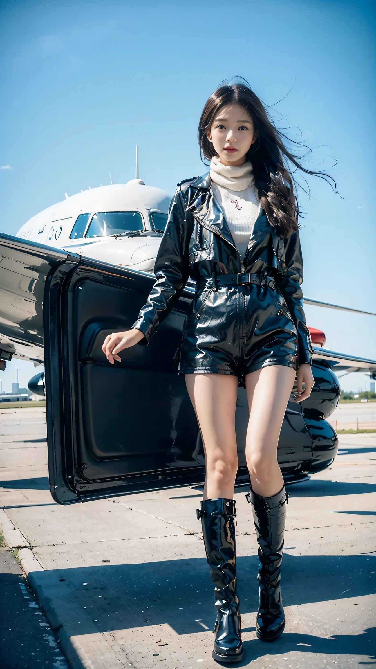（best quality，4K，8k，masterpiece：1.2），Super fine，（lifelike，照片lifelike，The photos are real：1.37），Female pilots，confident expression，clear focus，lifelike、leather flight suit，Jumpsuits，leather boots，aviation scarf，sunny，蓝天白cloud，cloud，Retro color，retro filter，Retro Style，soft sunshine，