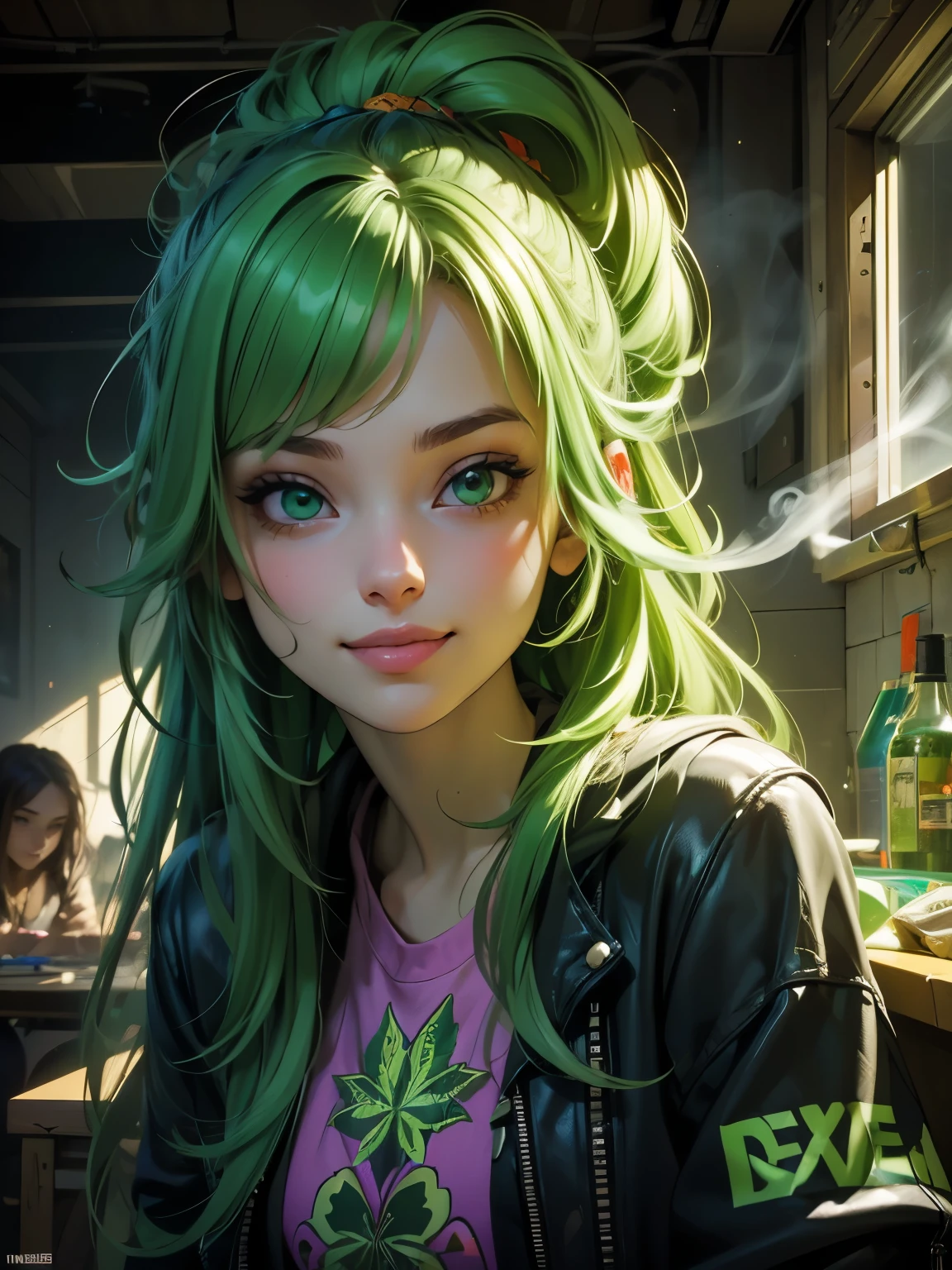 (Best quality), (perfect face), (high detail), (1girl), (closeup), (headshot), a cute stoner girl smoking a joint, smiling, very high on life, smoke filled room, weed smoke, THC, (green eyes), (neon green 1:1), HDR,4K, 3D