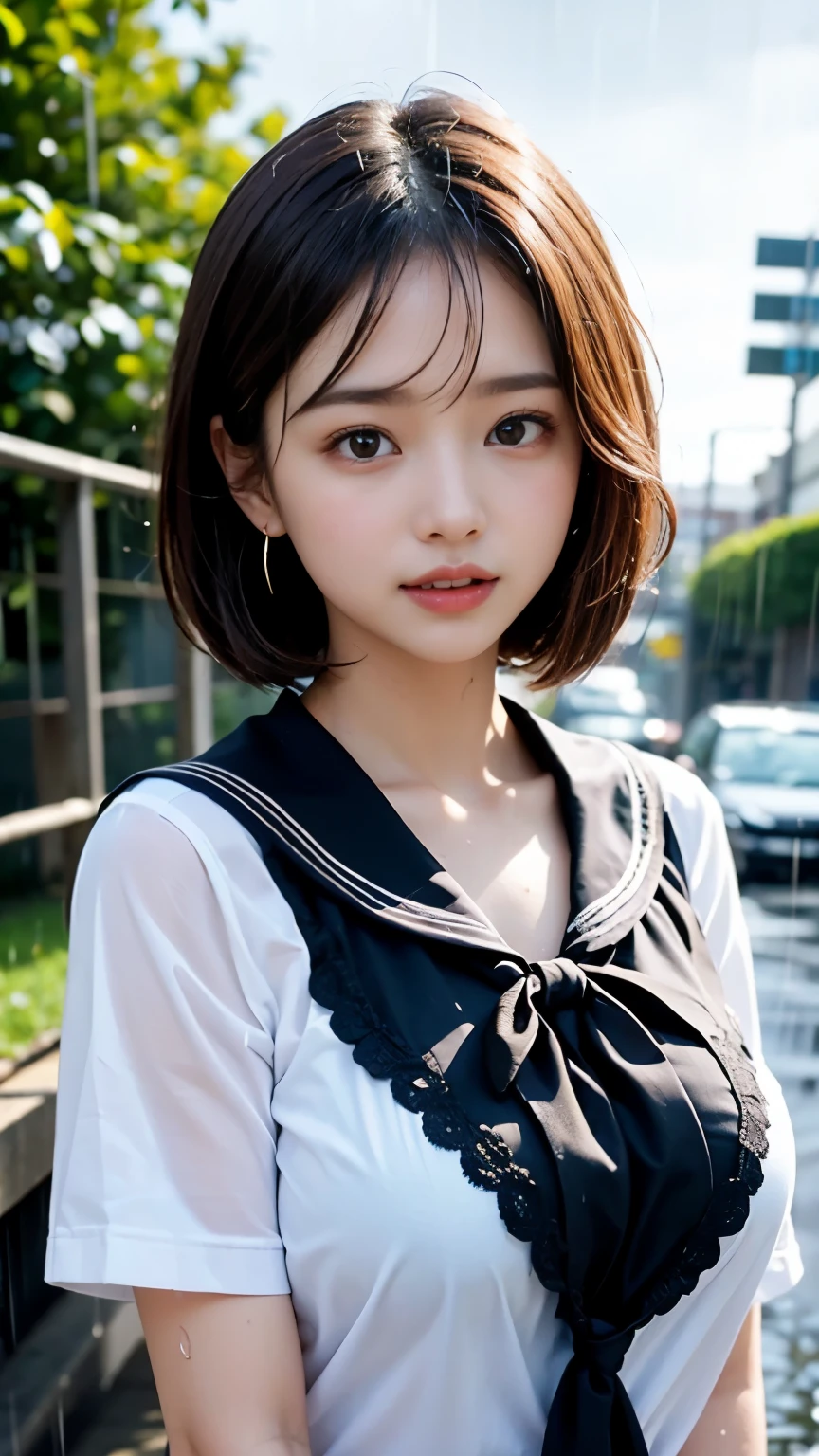(masterpiece, highest quality:1.2), 8K, official art, RAW photo, incredibly absurd, (Upper body, sailor suit, serafuku:1.4), beautiful girl, 18-year-old、cute face, arch back, navy pleated skirt, close, Soaked school uniform, short sleeve, gardenia, violaces, Ten generations, street, looking at the viewer, film grain, chromatic aberration, sharp focus, face light, dynamic lighting, cinematic lighting, detailed eyes and face, background bokeh, (1 dark red bow tie:1.2)、(heavy rain、dark sky:1.5)、one girl、blush、look at the viewer、(huge breasts:1.2)、Drenched hair、wet face,wet skin、wet body、wet costume、flower、hairpin、necklace、earrings、Depth of bounds written、尖ったred mouth、red mouth,clavicle、beautiful fingers、Loosen your tie、cute wet face、Wet clothes that stick to your chest、Wet and see-through clothes、short hairstyle