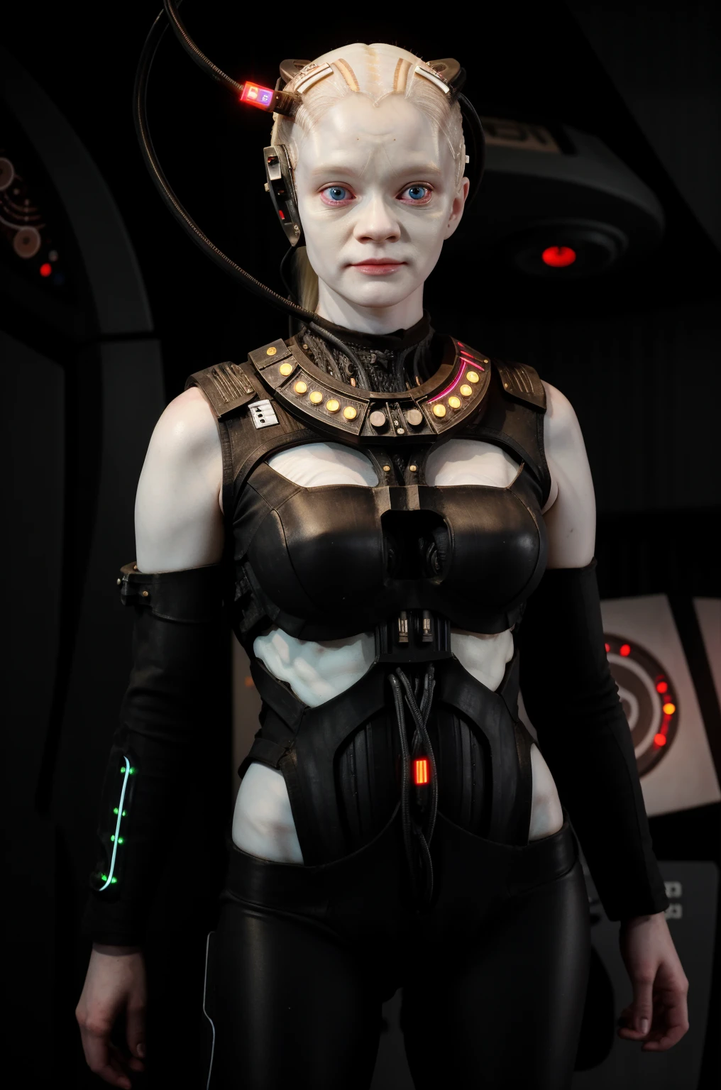 borg woman casey, (cable:1.4), 

[(pale white:.1) (Natural:1) (skin:1.3)::8]
[[(Natural:1.1) (pale white:.9) (skin:1.3):8]::16]
[(Natural:1) (pale white:1.3) (skin:1.3):16]
 [(with:.01) (beauty_marks:.01):6], 
[(bald:.12)::1]
[[(bald:.01):2]::10], [albino Nordic:8],  

(medium shot:1.4), (cybernetic:.08) (cyborg:.15) (with laser led lights:1.2) [(babydoll:.55) (bikini:.45)|(bikini:.65) (babydoll:.35)], busty, [borg implants::6], [assimilation, afraid::8], 

[young:4], front light, fit, well lit, [sunny::12], bright, scifi starship background, [(led lights, laser lights:.01):8], detailed skin,  photograph, detailed, high resolution, RAW photo, in frame, [BREAK (bare forearms, bare arms:.8), (bare shoulders:.6)::-1], 
[BREAK:6] [(long light blonde hair:1.4):10], [(blue eyes:.3):6], 
[BREAK:8] 
[(many beauty_marks and:.01) (many light moles on her skin:1.2):8], 

[BREAK (light brown moles:.1):12]