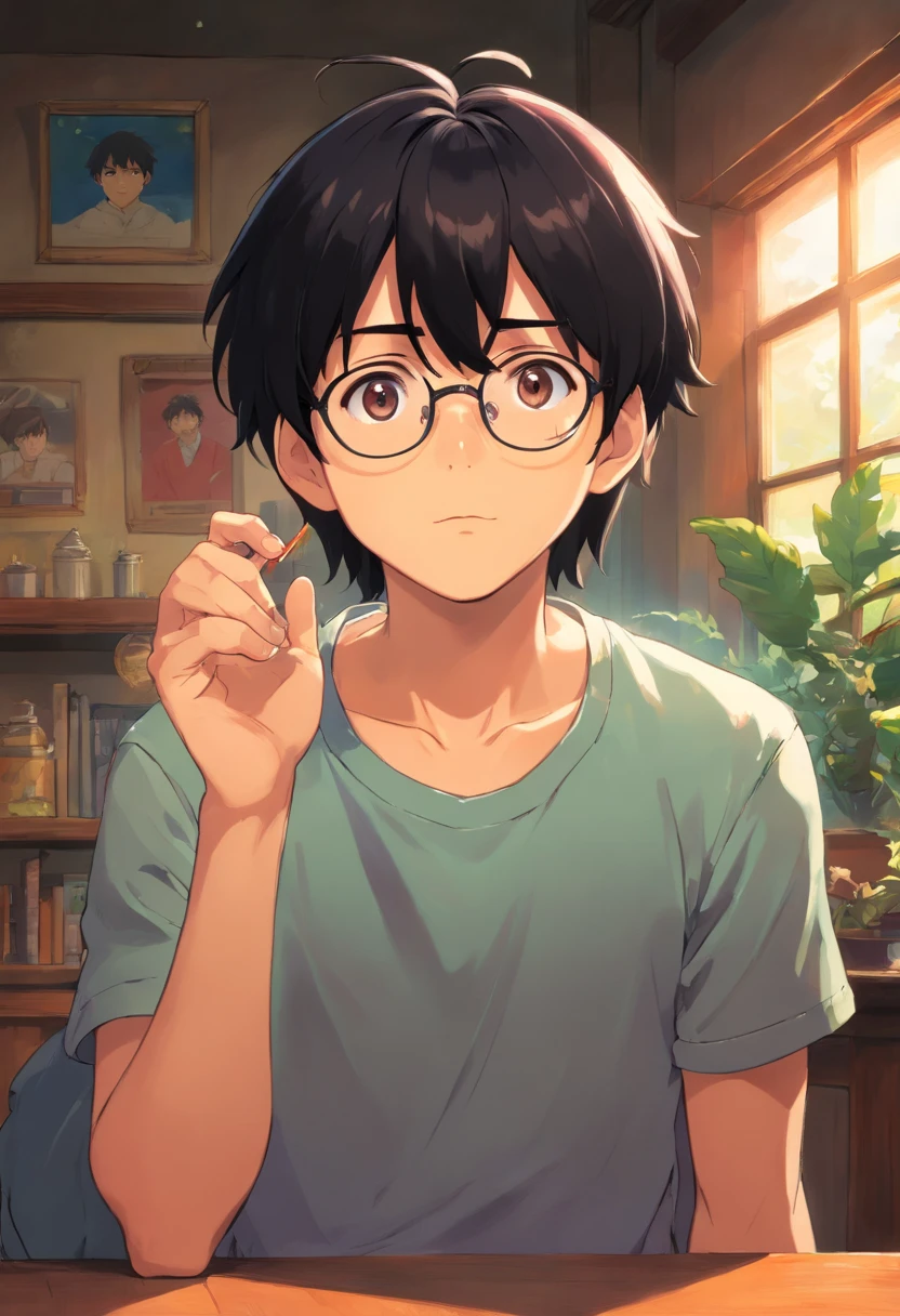 glasses male male子 black hair Lack of energy I'm worried front My eyes are hidden by my bangs long bangs Ghibli anime beautiful I'm in trouble dark face sorry shirt
