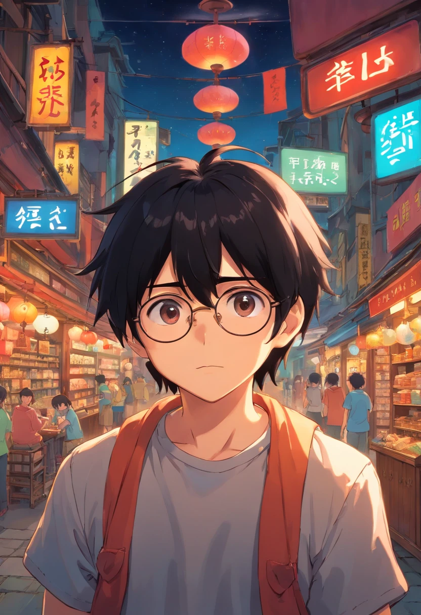 glasses male male子 black hair Lack of energy I'm worried front My eyes are hidden by my bangs long bangs Ghibli anime beautiful I'm in trouble dark face sorry shirt