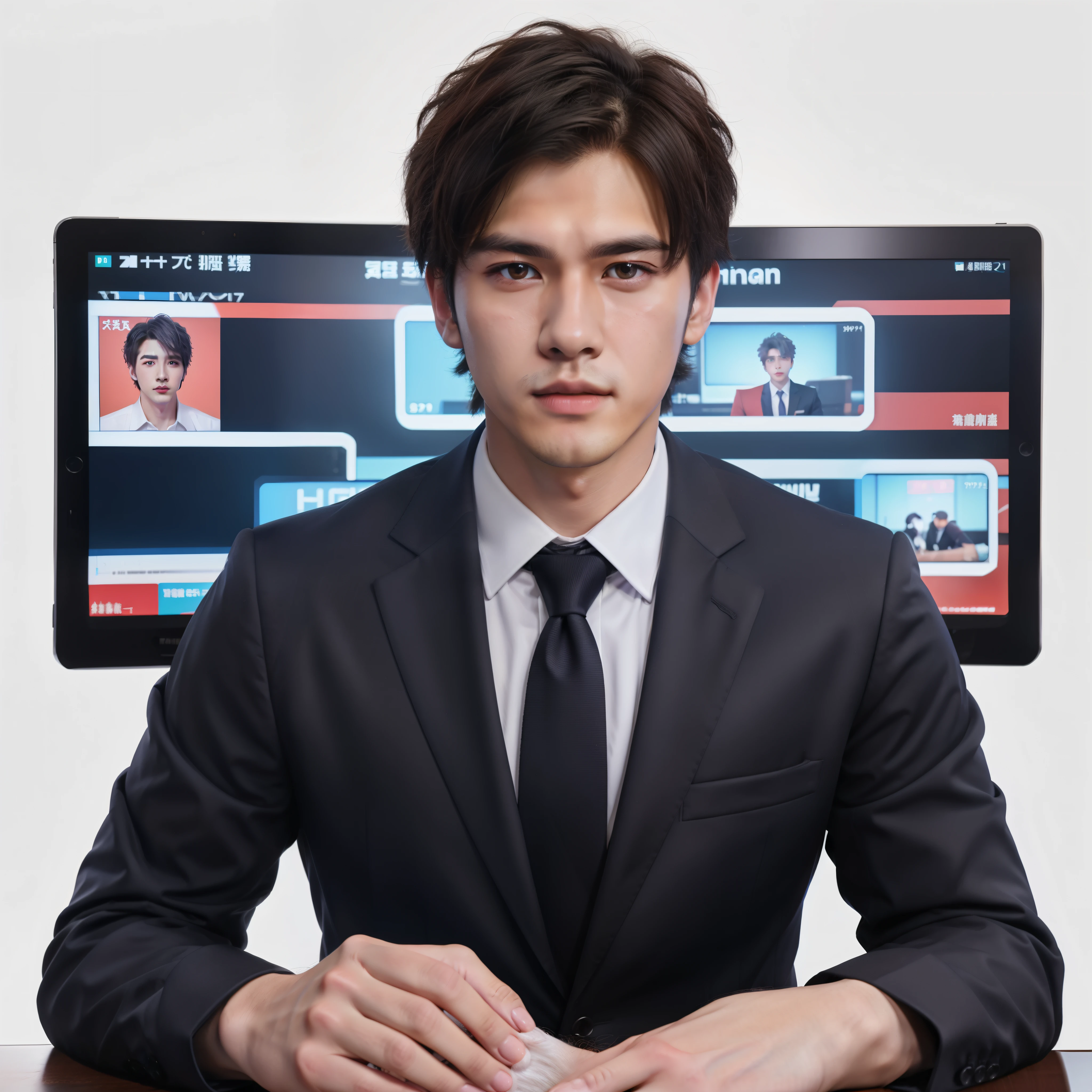 man in suit, male news anchor、handsome face,  26 years old, live2d virtual YouTuber model, professional portrait hd, Realistic style, Professional profile picture, high quality portraits, Smooth anime CG art, Samu rice paste, cai xukun, yanjun chengt, simple background 