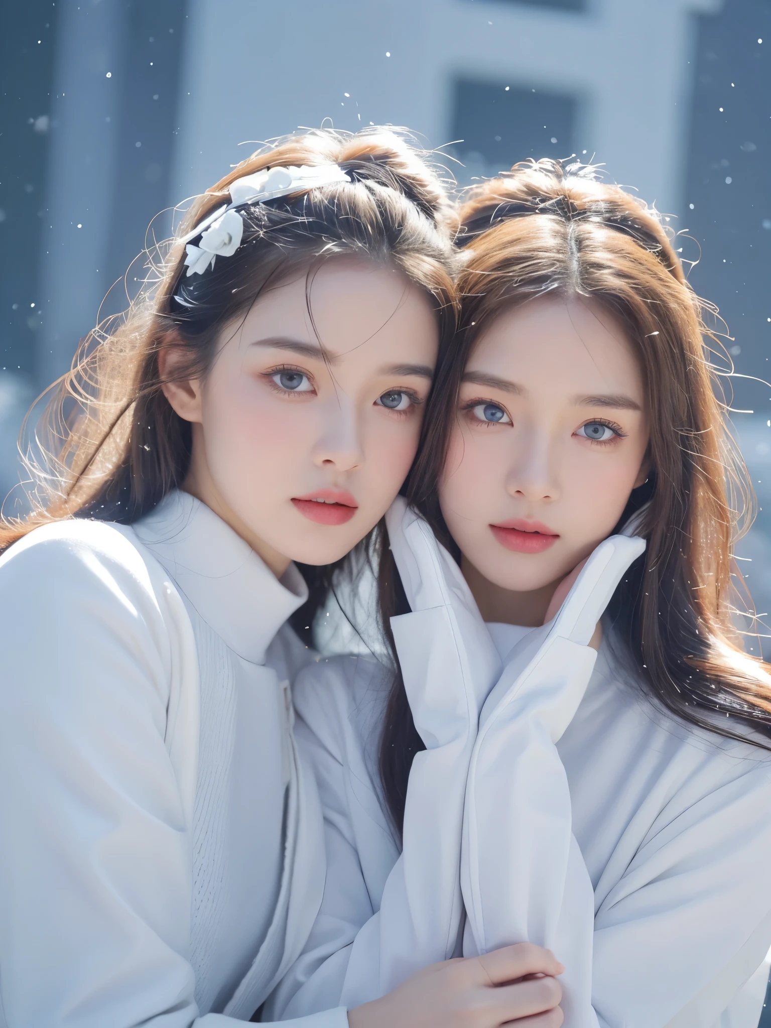 best quality, ultra high resolution, White background,(realistically:1.4), 2 girls, White leather clothes,twin? rose rain,A pair of eyes as clear as snow,Royal sister,looking at the audience, close up ,