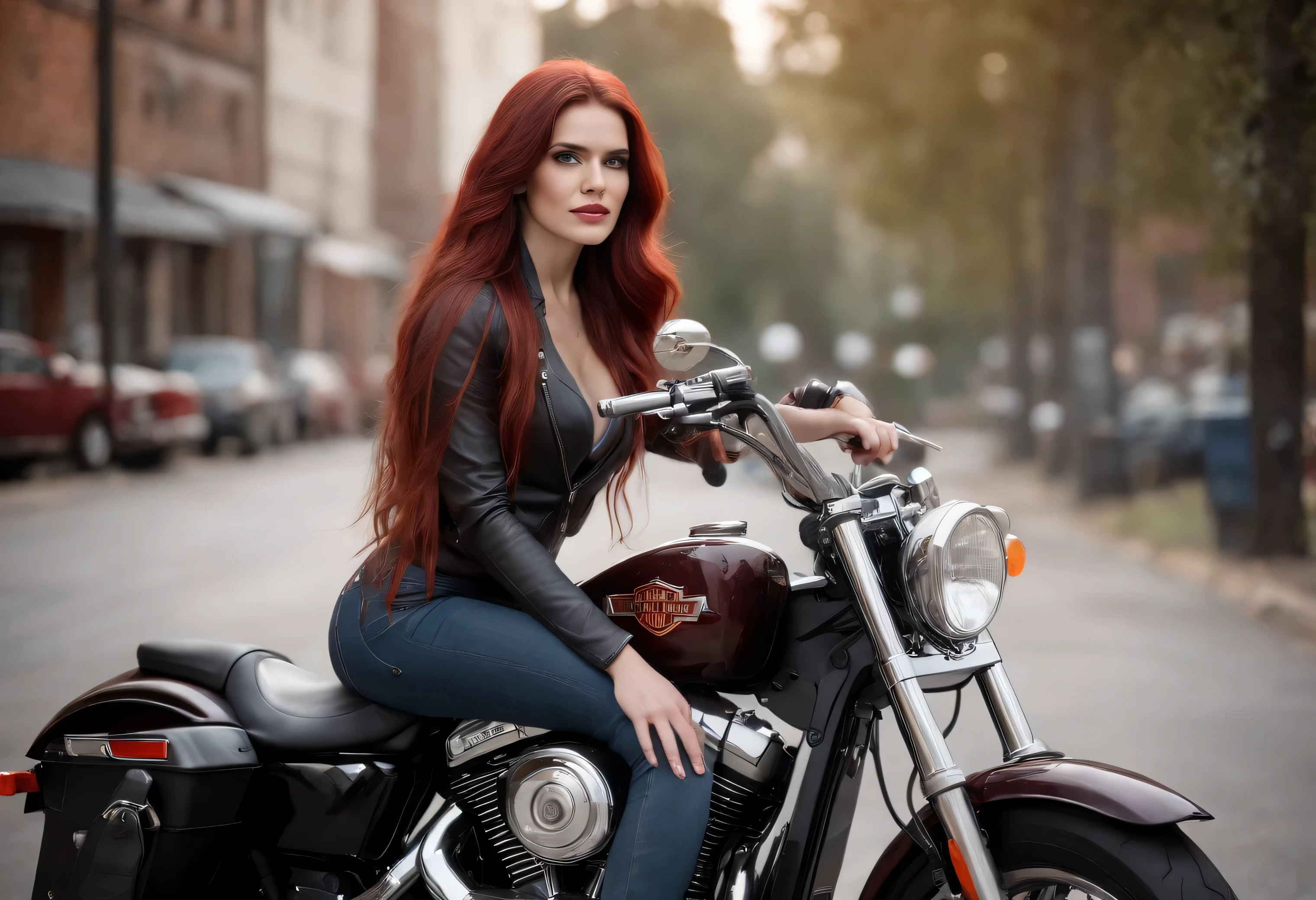girl, red curley long hair, sexy, long hair, sitting on a harley davidson, boots