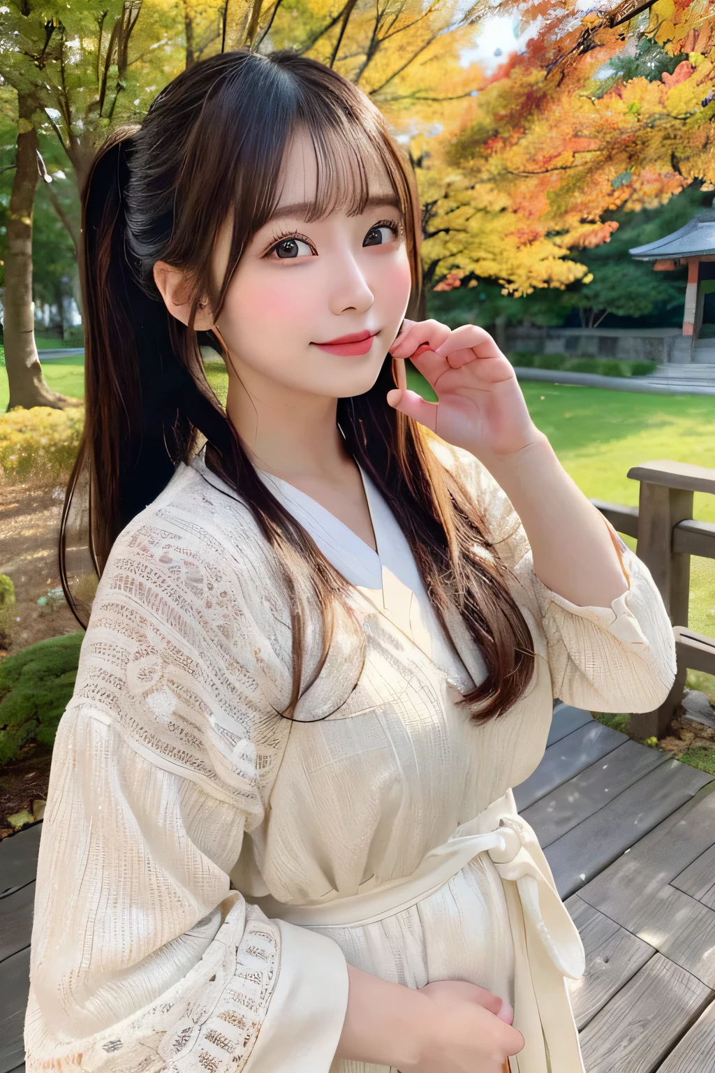 (surreal), (enlightenment), (High resolution), (8K), (very detailed), (The best enlightenmentneautiful detailed eyes), (highest quality), (Super detailed), (masterpiece), (wall-), (detailed face), (Beautiful smile)、(beautiful face)、length、earhook with bangs、alone、(((cute japanese girl)))、  Japan beautiful girl 25 years old))、 ((baby face))、(((G cup big)))mix、skin that looks real、hair blowing in the wind、date、autumn&#39;s、色の葉美しいautumn&#39;s background、、cute clothes、ponytail hair