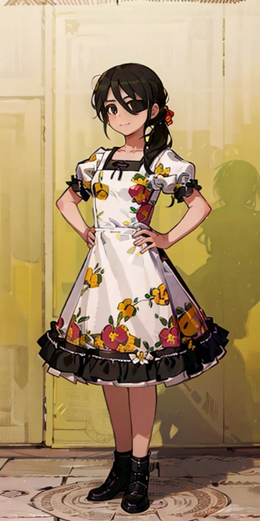 1 girl, ((masterpiece, sidelighting, beautiful eyes: 1.2), ultra-detailed, ultra high res, professional lighting, high quality makeup, beautiful detailed eyes), (best-quality:0.8), perfect anime illustration, beautiful, flat color background, simple background, full body , looking_at_viewer, solo, (full body:1.5), brown hair, dark brown eyes, (small breasts:1.1), solo,HuasaChile, Huasachina, shash, puffy dress, dress, puffy short sleeves, pantyhose, black footwear, floral print, print dress, hand on hip, handkerchief,toph, (blind:1.5)