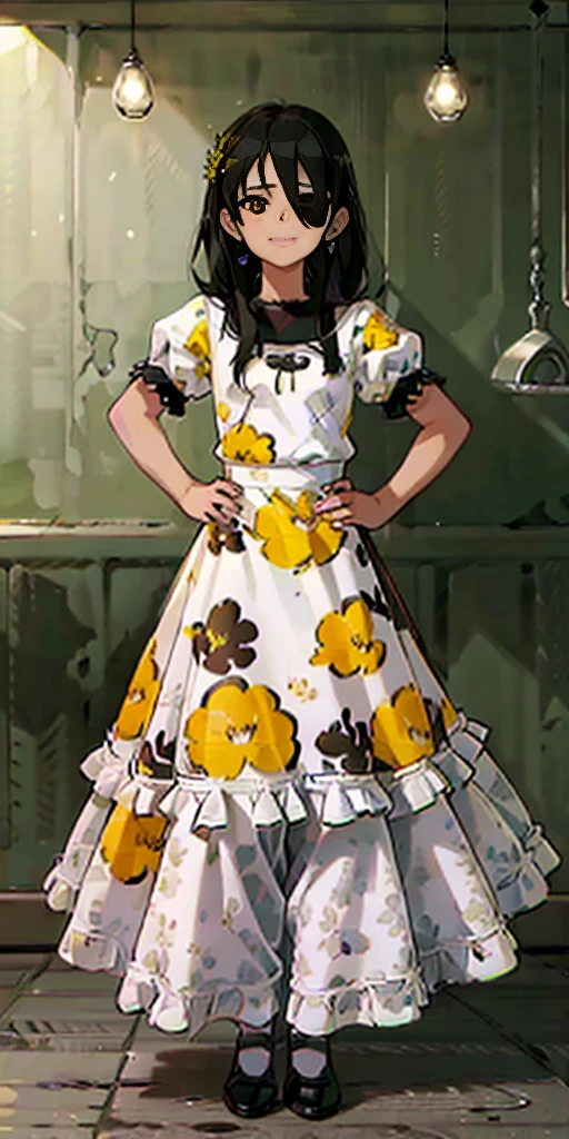 1 girl, ((masterpiece, sidelighting, beautiful eyes: 1.2), ultra-detailed, ultra high res, professional lighting, high quality makeup, beautiful detailed eyes), (best-quality:0.8), perfect anime illustration, beautiful, flat color background, simple background, full body , looking_at_viewer, solo, (full body:1.5), brown hair, dark brown eyes, (small breasts:1.1), solo,HuasaChile, Huasachina, shash, puffy dress, dress, puffy short sleeves, pantyhose, black footwear, floral print, print dress, hand on hip, handkerchief,toph, (blind:1.5)