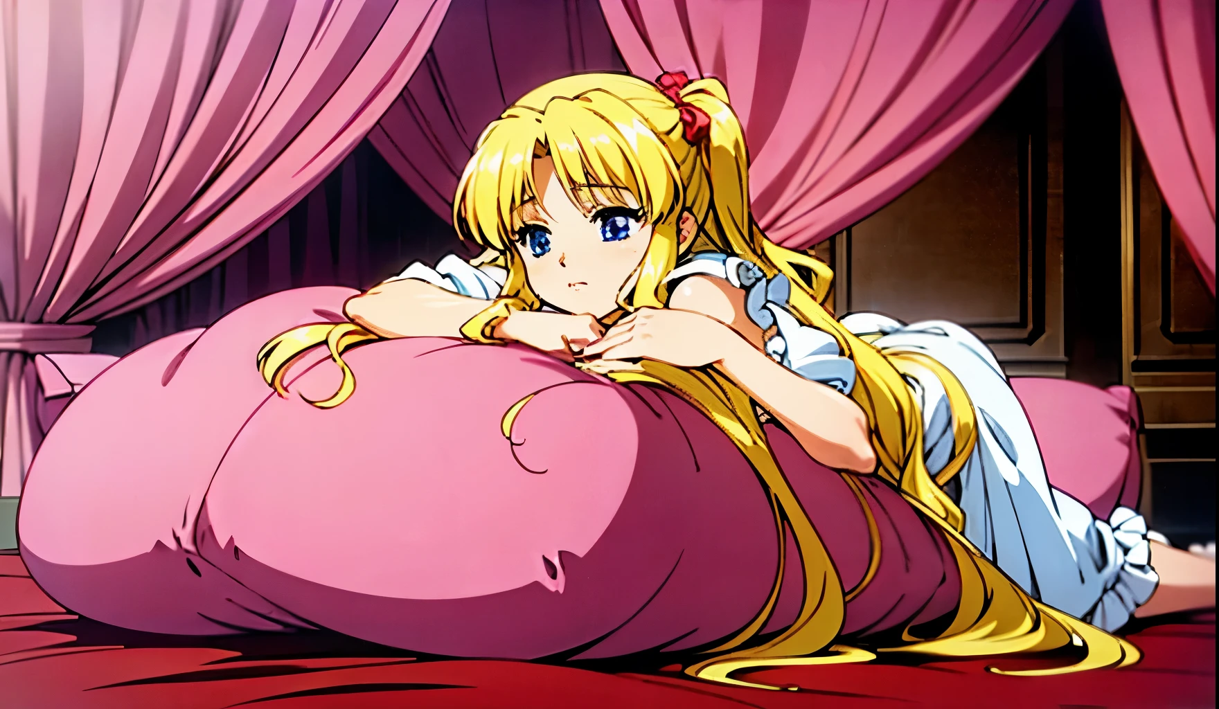 The room has a pink bed with a canopy, bedroom background,luxury,(huge bed), ((lot of frilled pink pillows)),((canopy bed)),((frilled curtain)),((Plush pillow)),((Fluffy futon)), Anime character with a woman in the middle on a bed with pillows and sheets,long blonde hair,blue eyes,pink ruffle pajamas,long skirt,