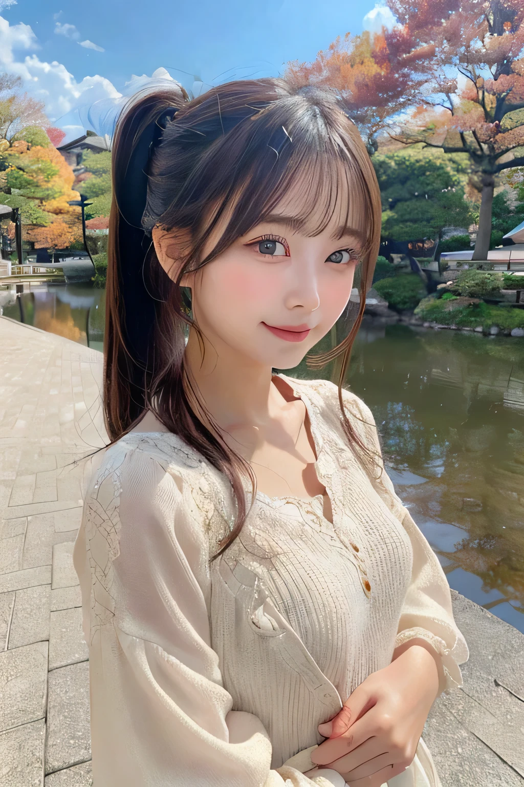 (surreal), (enlightenment), (High resolution), (8K), (very detailed), (The best enlightenmentneautiful detailed eyes), (highest quality), (Super detailed), (masterpiece), (wall-), (detailed face), (Beautiful smile)、(beautiful face)、length、earhook with bangs、alone、(((cute japanese girl)))、 Japan beautiful girl 25 years old))、 ((baby face))、(((G cup big)))mix、skin that looks real、hair blowing in the wind、date、autumn's、色の葉美しいautumn's background、、cute clothes、ponytail hair