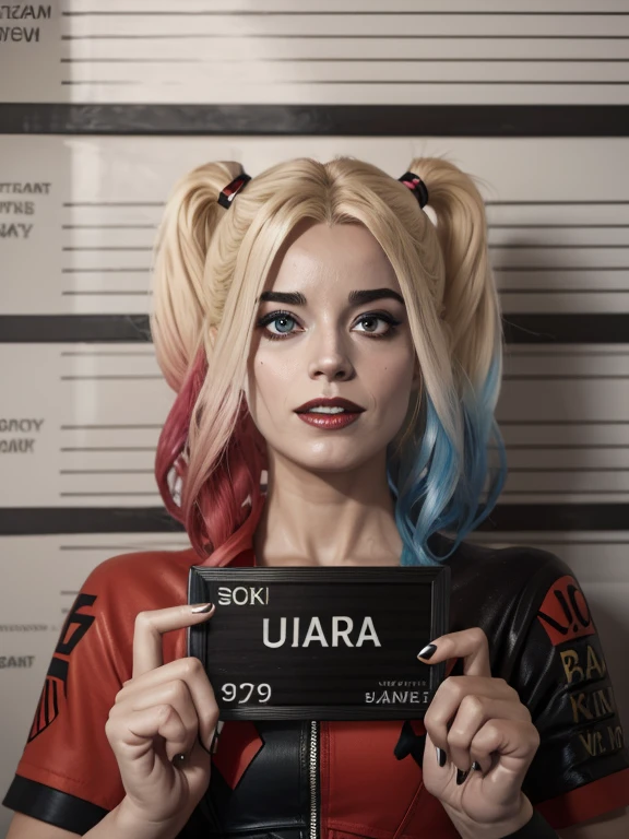 Harley Quinn, cabelo loiro. Locked in a Cell, Behind bars, peito enorme, Decote, bunda grande, prisioneiro, striped prison jumpsuit, listras pretas e brancas, listras pretas e brancas, Cell, Preso, Algemado, Decote.