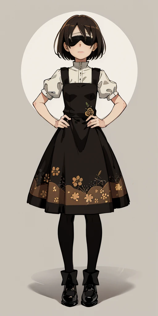 1 girl, ((masterpiece, sidelighting, beautiful eyes: 1.2), ultra-detailed, ultra high res, professional lighting, high quality makeup, beautiful detailed eyes), (best-quality:0.8), perfect anime illustration,  beautiful, flat color background, simple background, full body ,  looking_at_viewer, solo, (full body:1.5), brown hair, dark brown eyes, (small breasts:1.1), solo,HuasaChile, Huasachina,  shash, puffy dress, dress, puffy short sleeves, pantyhose, black footwear, floral print, print dress, hand on hip, handkerchief,toph, (blind:1.5)