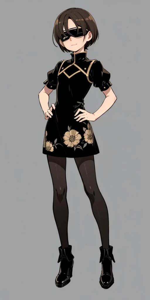 1 girl, ((masterpiece, sidelighting, beautiful eyes: 1.2), ultra-detailed, ultra high res, professional lighting, high quality makeup, beautiful detailed eyes), (best-quality:0.8), perfect anime illustration, beautiful, flat color background, simple background, full body , looking_at_viewer, solo, (full body:1.5), brown hair, dark brown eyes, (small breasts:1.1), solo,HuasaChile, Huasachina, shash, puffy dress, dress, puffy short sleeves, pantyhose, black footwear, floral print, print dress, hand on hip, handkerchief,toph, (blind:1.5)