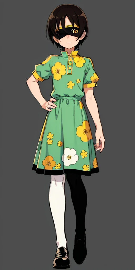 1 girl, ((masterpiece, sidelighting, beautiful eyes: 1.2), ultra-detailed, ultra high res, professional lighting, high quality makeup, beautiful detailed eyes), (best-quality:0.8), perfect anime illustration, beautiful, flat color background, simple background, full body , looking_at_viewer, solo, (full body:1.5), brown hair, dark brown eyes, (small breasts:1.1), solo,HuasaChile, Huasachina, shash, puffy dress, dress, puffy short sleeves, pantyhose, black footwear, floral print, print dress, hand on hip, handkerchief,toph, (blind:1.5)