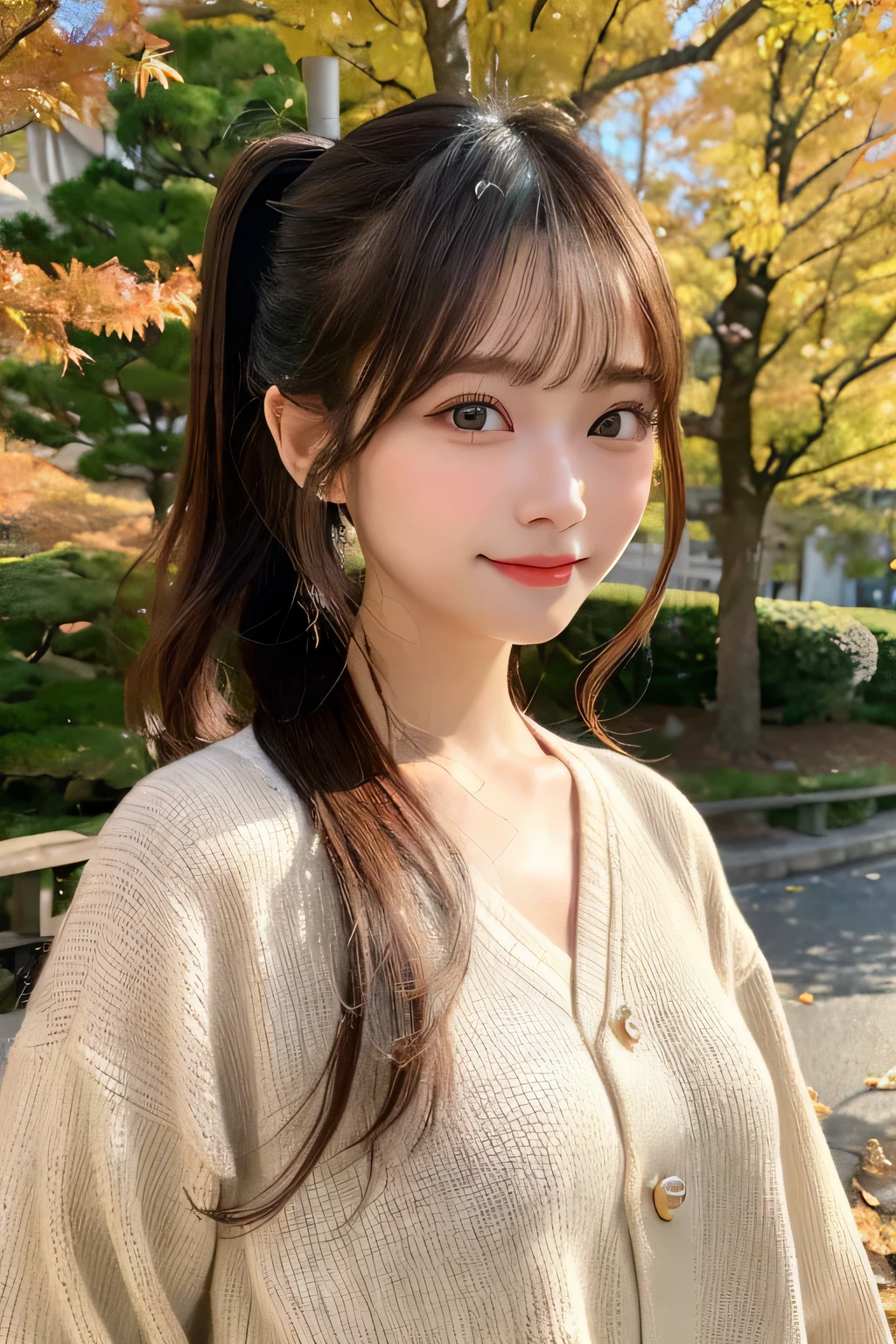 (surreal), (enlightenment), (High resolution), (8K), (very detailed), (The best enlightenmentneautiful detailed eyes), (highest quality), (Super detailed), (masterpiece), (wall-), (detailed face), (Beautiful smile)、(beautiful face)、length、earhook with bangs、alone、(((cute japanese girl)))、  Japan beautiful girl 25 years old))、 (())、(((G cup big)))mix、skin that looks real、hair blowing in the wind、date、autumn&#39;s、色の葉美しいautumn&#39;s background、、cute clothes、ponytail hair