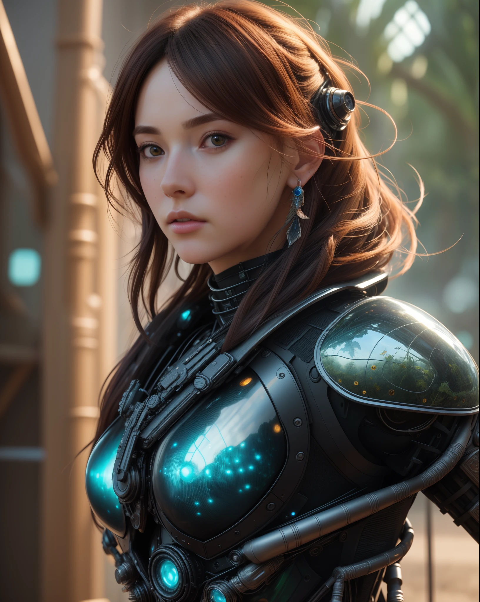 4k, realistic, very detailed, wide angle lens, futuristic biopunk armor, vibrant, fantastical plants, splash art anime background, concept art, realistic lighting, epic composition, diffuse, (masterpiece, best quality), super hd, 32k , Detailed and realistic portrait of a woman (Masterpiece, realistic:1.3), (extremely intricate:1.2), (photorealistic:1.4), (extremely delicate), (ultra realistic:1.3), (hyperrealistic 3D render), looking at the viewer eyes standing straight --v 6
