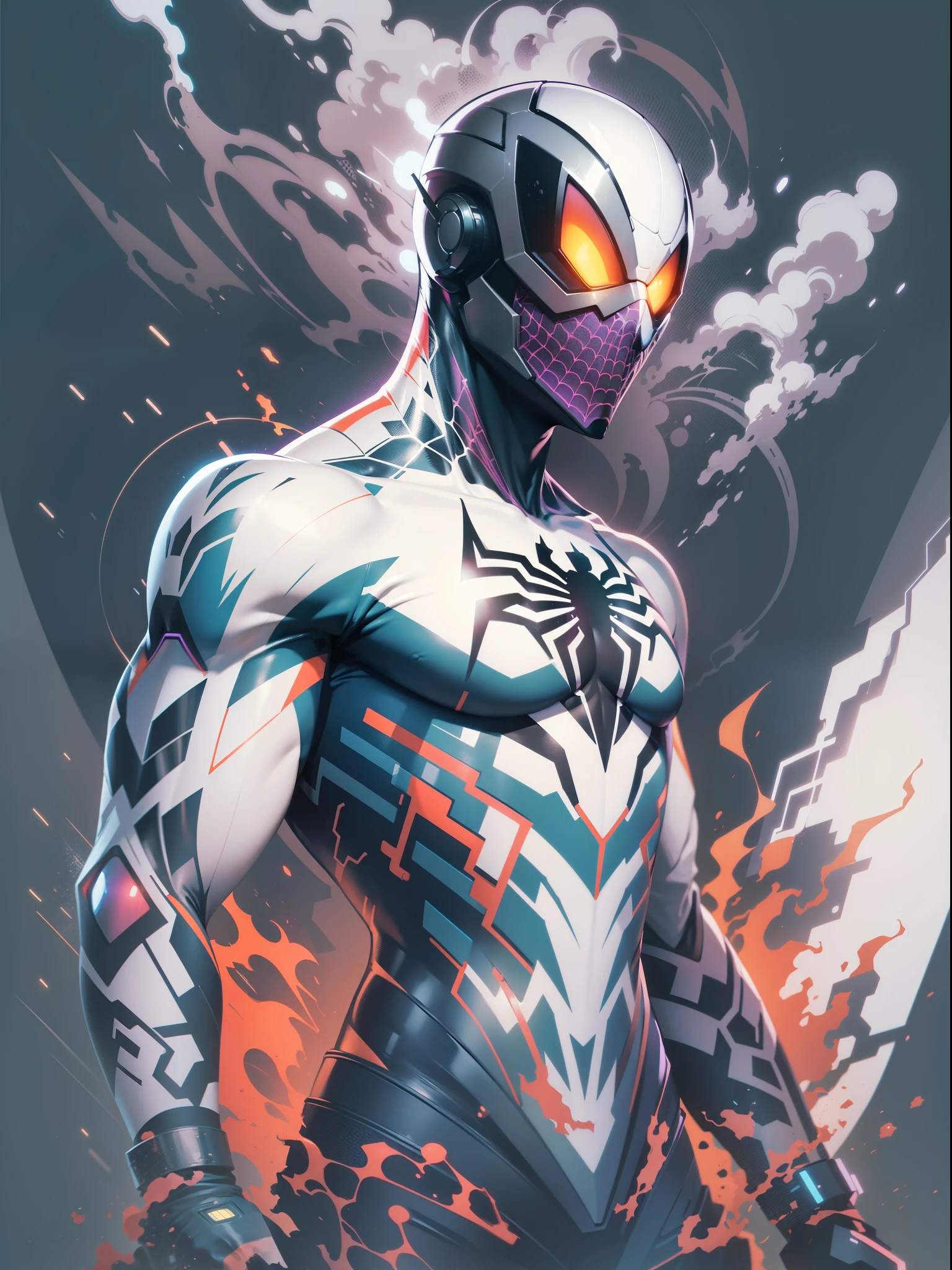 graphic design t-shirt, flat design, futuristic cyberpunk spiderrman in mix of tones, topless,, topless, flashing , big , metal skin, laser beams, purple emissive eyes, colorful tones, clean highly detailed, vector image, smoke explosion, simple background, flat white background, bright vector ((white background) )