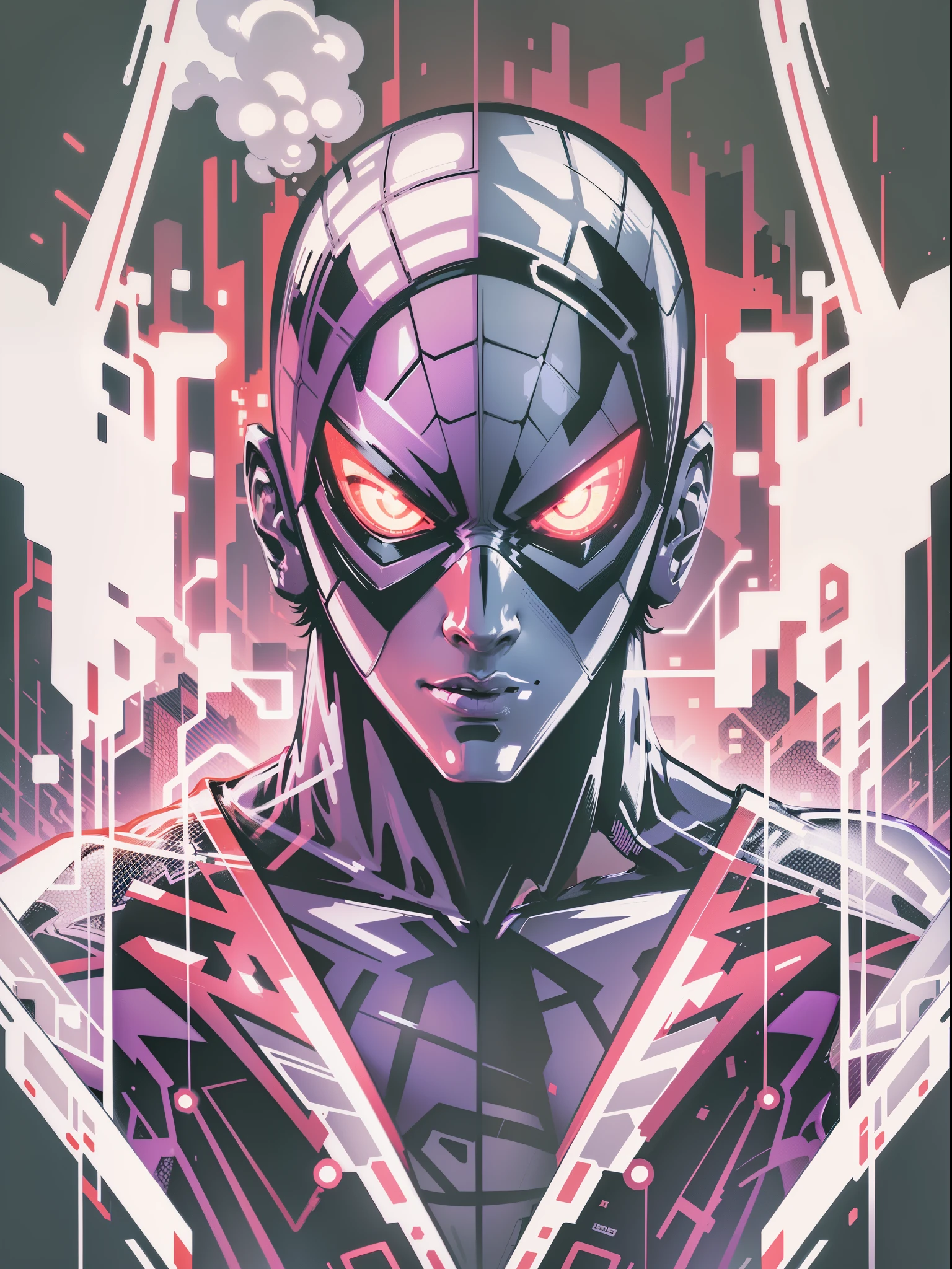 graphic design t-shirt, flat design, futuristic cyberpunk spiderrman in mix of tones, topless,, topless, flashing , big , metal skin, laser beams, purple emissive eyes, colorful tones, clean highly detailed, vector image, smoke explosion, simple background, flat white background, bright vector ((white background) )