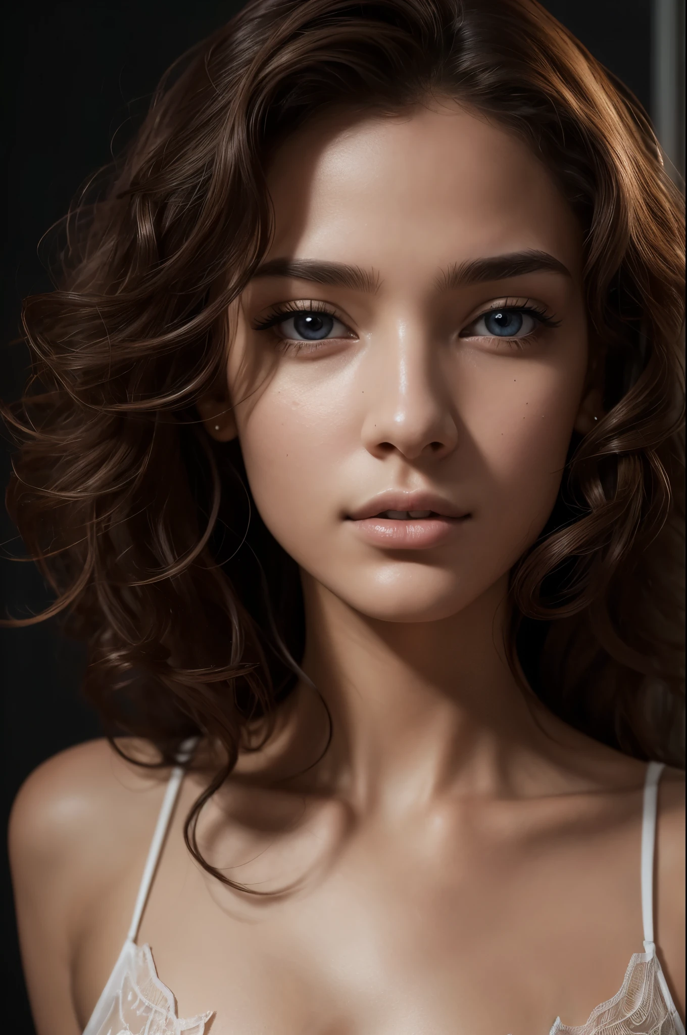 portrait photo 20 y.o. woman (extremely high detailed face, detailed realistic eyes, clear skin, clear eyes), High detail RAW color art, piercing, curly brown hair, detailed hair, room light, (skin pores: 1.0), highly detailed skin, beautiful and delicate lips, detailed pupil, real human skin, (Extremely inricate detailed), looking at viewer, photography, realistic, photo-realistic, 16k, highly detailed, full length frame, diffused soft lighting, shallow depth of field, sharp focus, hyperrealism, cinematic lighting