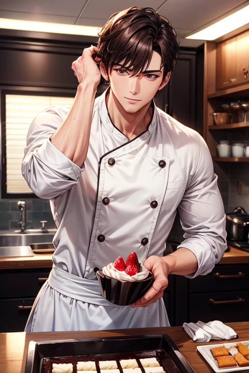 a handsome guy、Pastry chef man、kitchen、brown short hair、brown eyes、long sleeve、chef、making strawberry cake、High resolution、In 8K、sharp focus、zoom、with the best image quality、highest quality