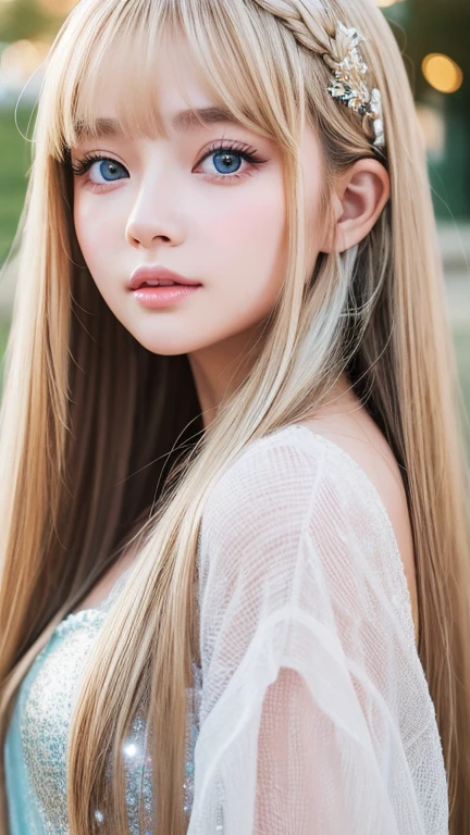 1 girl, The cutest beautiful girl in the world、bright look、very disheveled hair, Bright straight blonde hair shining golden dazzling、Very beautiful super long shiny hair、Very beautiful cute face、Glitter beautiful skin、solo、super high quality、hard focus、film grain、ultra high resolution、masterpiece、Nice detailed crystal clear pale light blue eyes that shine、very big eyes、round face、small face beauty、Young shiny cheeks、very beautiful disheveled long bangs