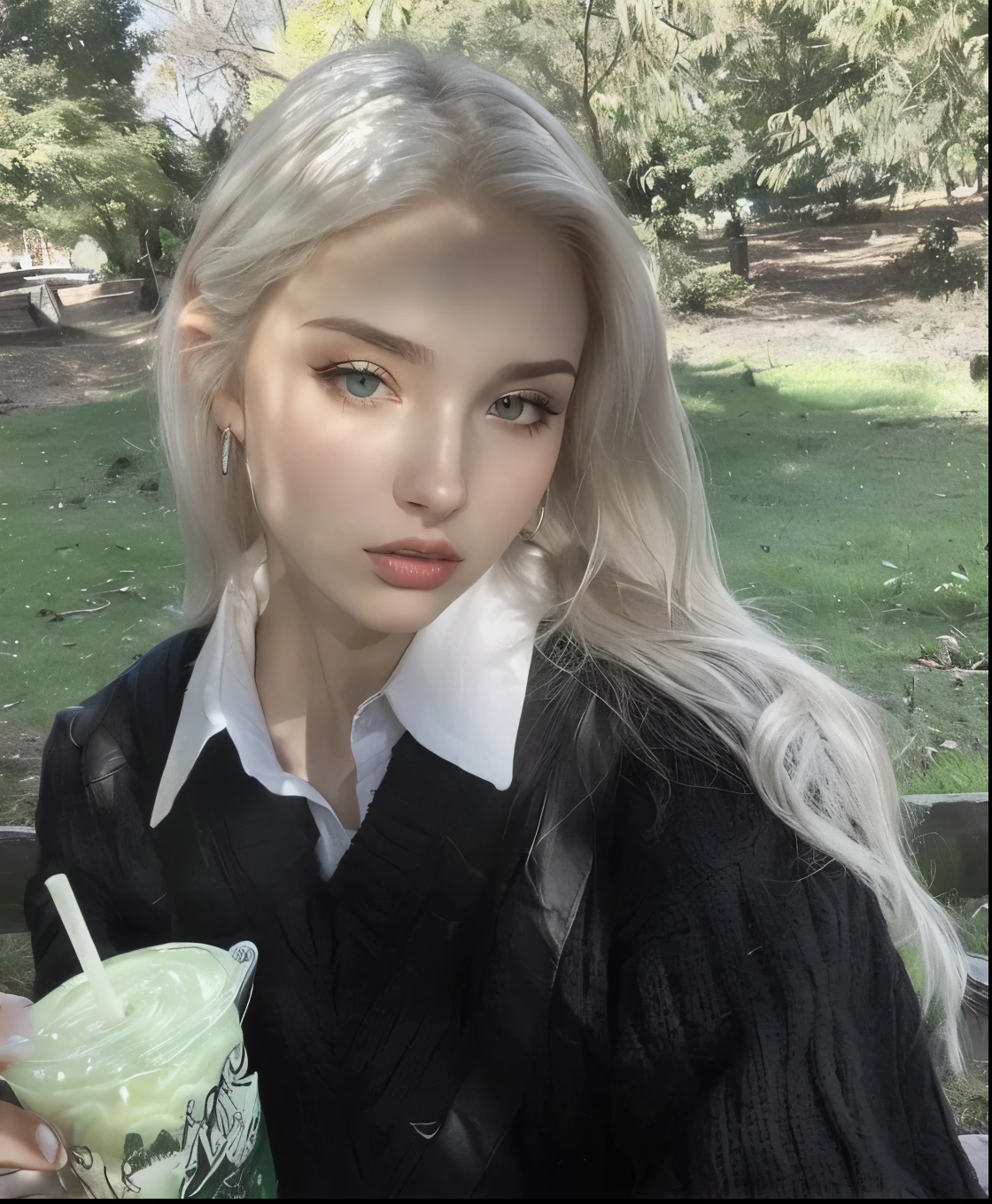 Mulher loira com uma bebida em um parque, estilo de julia razumova, Anna Nikonova aka Newmilky, her hair is white, cabelo loiro muito claro, dasha taran, uma garota com cabelo loiro, Yelena Belova, com longos cabelos loiros, cabelo loiro extremamente claro, garota de cabelos brancos perfeita, retrato de Kim Petras, cabelo claro