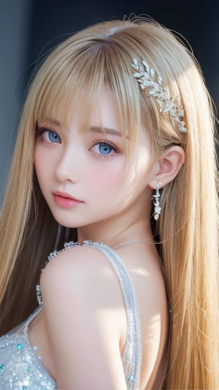 1 girl, The cutest beautiful girl in the world、bright look、very disheveled hair, Bright straight blonde hair shining golden dazzling、Very beautiful super long shiny hair、Very beautiful cute face、Glitter beautiful skin、solo、super high quality、hard focus、film grain、ultra high resolution、masterpiece、Nice detailed crystal clear pale light blue eyes that shine、very big eyes、round face、small face beauty、Young shiny cheeks、very beautiful disheveled long bangs