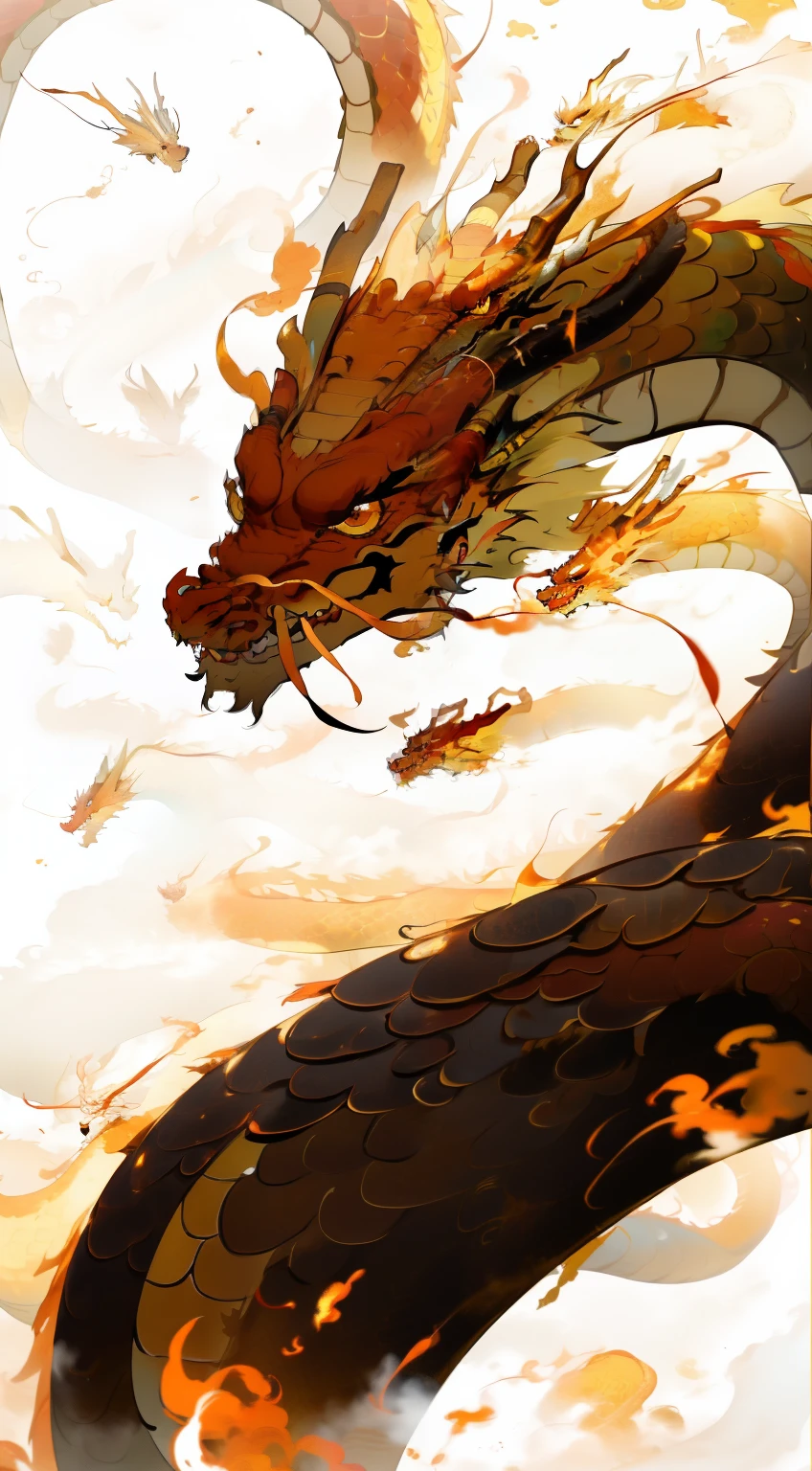 8K，high quality！！Detail enhancement！！Highest image quality！！Pictures of dragons with tails, Flame Dragon, Golden Dragon, Dragon in the background, dragon tail, smooth chinese dragon, Dragon as background, fire dragon, Spiral dripping gold, Phoenix&#39;of artwork, Draw in high resolution, artistic, painted with a thick brush。