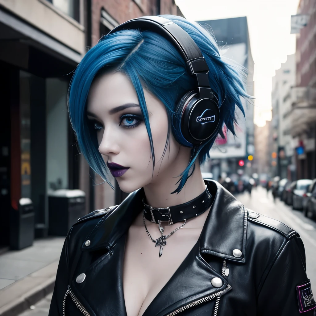 goth, excited, pale skin, smoky eyes, vivid colors, punk clothing, punk rock hairstyle, blue hair, black lips, abandoned street, body view, wearing headphones on neck, big breasts