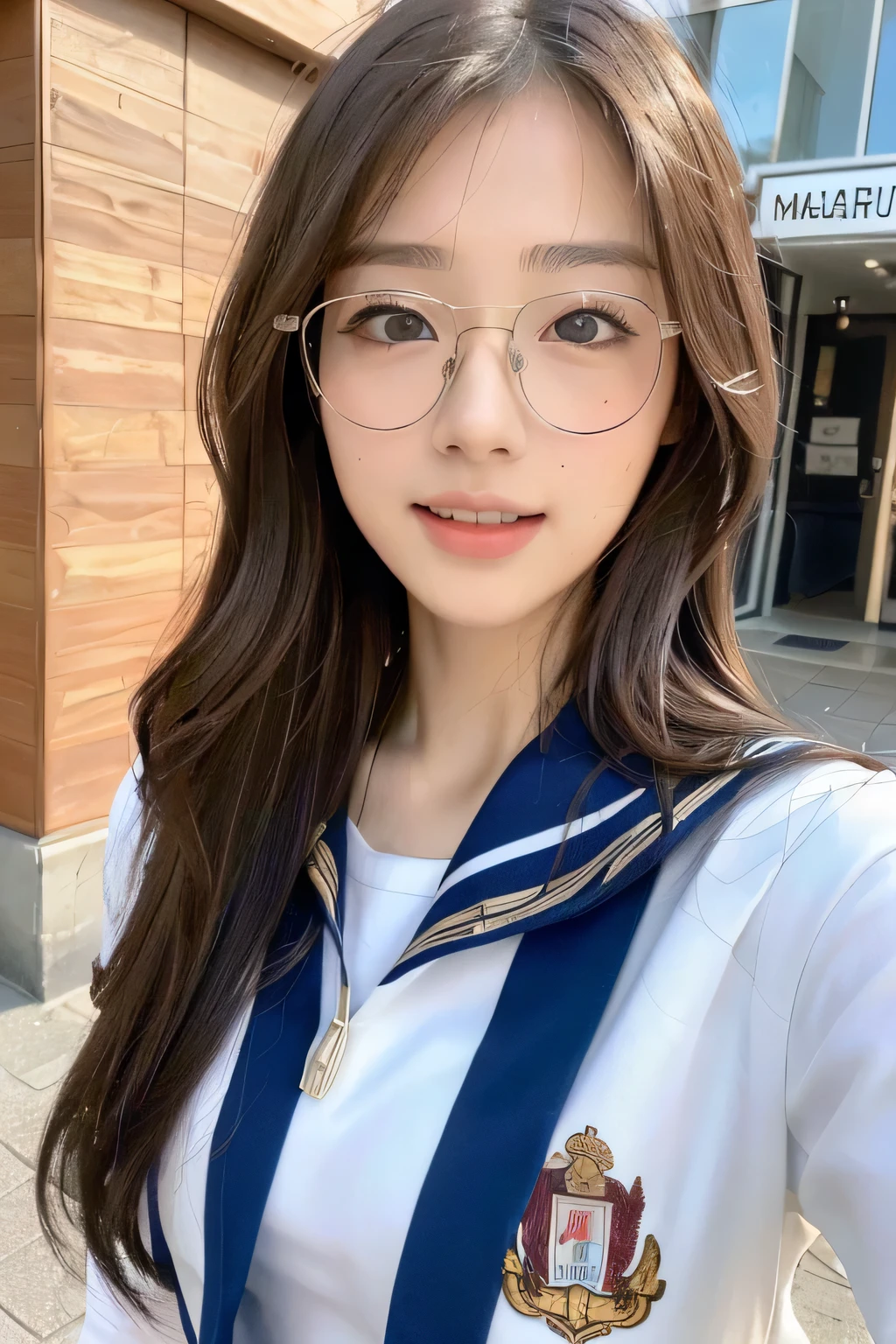 ((highest quality、8K、masterpiece:1.3))、beautiful woman with perfect figure:1.4、(Brown long hair、small breasts:1.3)、casual wear、in the street、Highly detailed face and skin texture、fine eyes、double eyelid、laughter:1.5、Full body Esbian、Glasses、school uniform、sailor suit