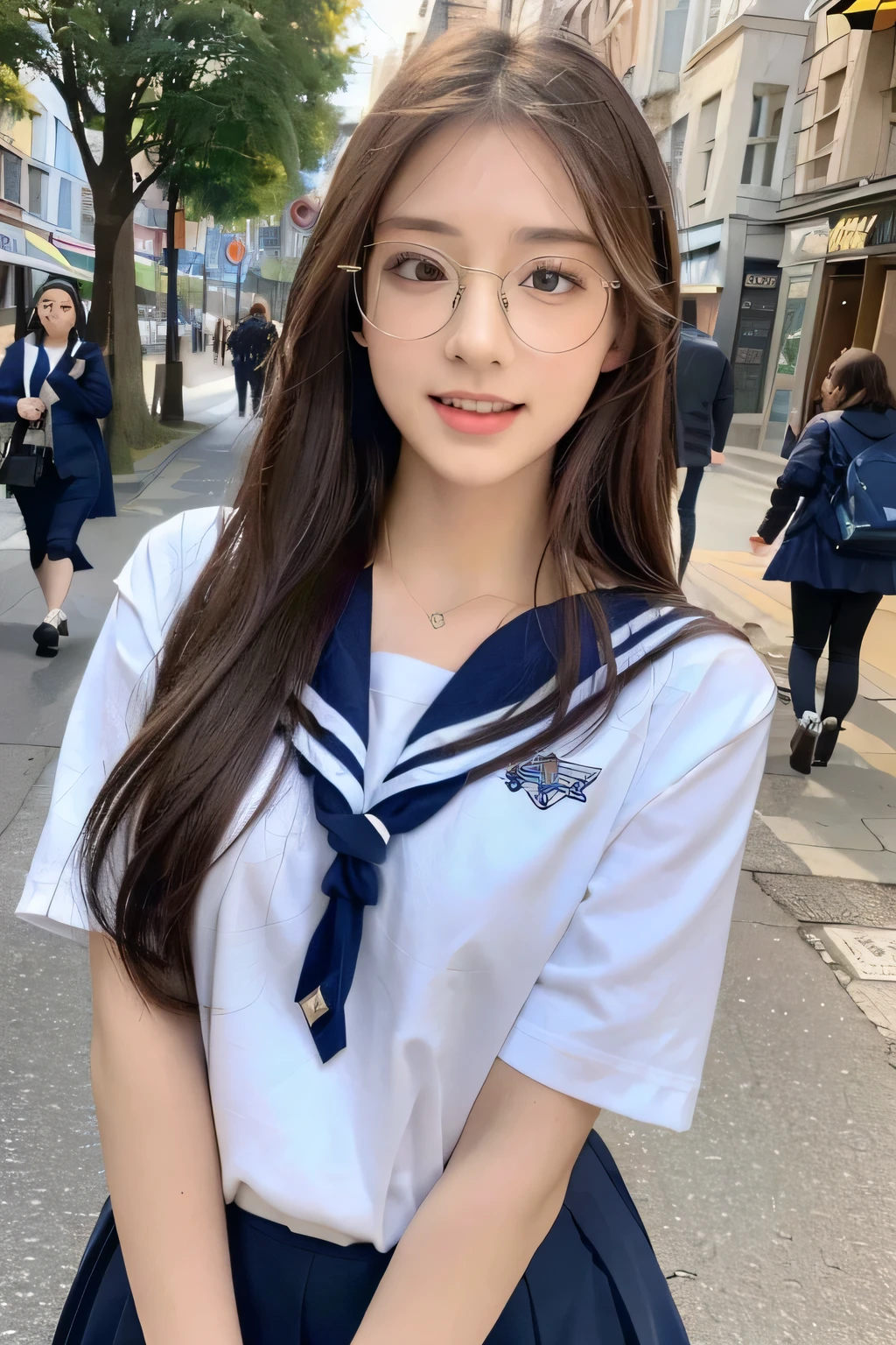 ((highest quality、8K、masterpiece:1.3))、beautiful woman with perfect figure:1.4、(Brown long hair、small breasts:1.3)、casual wear、in the street、Highly detailed face and skin texture、fine eyes、double eyelid、laughter:1.5、Full body Esbian、Glasses、school uniform、sailor suit