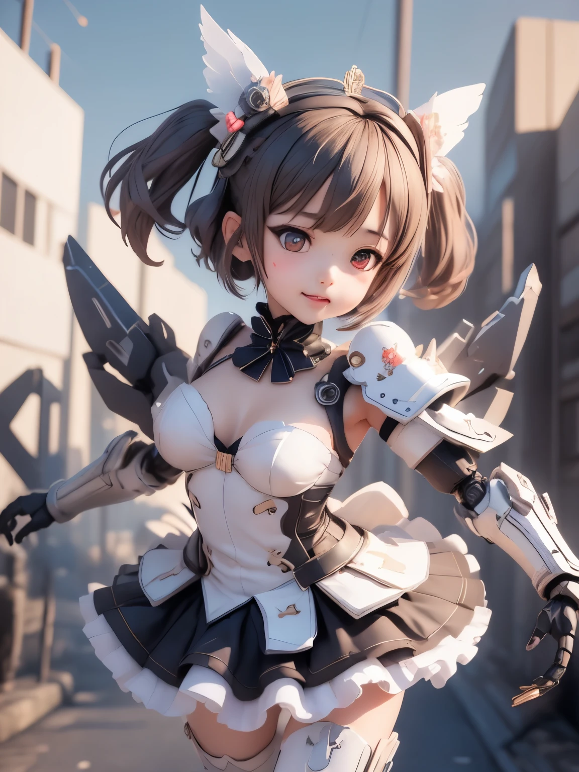 armor colored white and blue,,japanese young girl, {(wear gothic lolita clothes with white frills:1.2)}, wears a futuristic Gundam style armor, with headgear, with v-fin , armored shoulders,armored under arms, armored under legs,full body:1.5, (battle pose), 
 cute, (cute:1.2), (bob cut:1.3),三つ編み, 黒髪, 太い眉毛, 薄い色の虹彩, 大きくて輝いている黒い瞳, 長いまつげ, 小さく薄い色の自然な唇, (Average face of Japanese idols), (日本人特有の童顔:1.3), (), 広いおでこ:1.2, ふっくらした頬, 小さな顎, open legs, spread feet, visible side boob, (holding weapon),(holding huge weapon), holding Very large shield,  broken streets, Broken City,,looking at viewer,Focus on the eyes , 

 3D rendering, 
 Small robot, 
 portrait female anime, 
 cute 3d anime rendering, 
 cute detailed digital art, 
 mini cute mech, 
 3D rendering stylized, 
 3D renderingされたキャラクター アート 8k, 
 cute digital painting, 
 Anime style 3D, 
 Super detailed rendering, 
 weapon in hand, 
