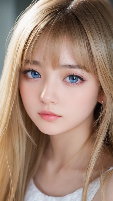 1 girl, The cutest beautiful girl in the world、bright look、very disheveled hair, Bright straight blonde hair shining golden dazzling、Very beautiful super long shiny hair、Very beautiful cute face、Glitter beautiful skin、solo、super high quality、hard focus、film grain、ultra high resolution、masterpiece、Nice detailed crystal clear pale light blue eyes that shine、very big eyes、round face、small face beauty、Young shiny cheeks、very beautiful disheveled long bangs