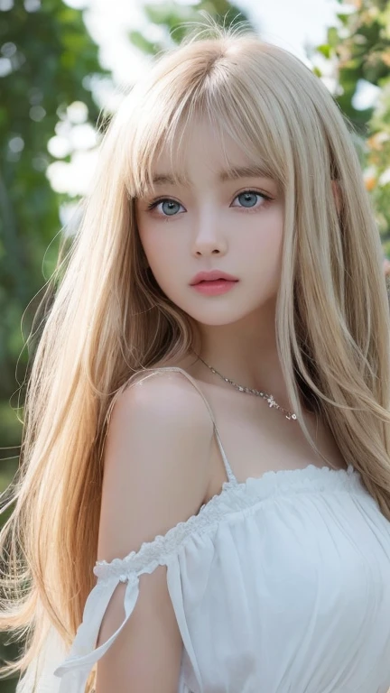 1 girl, The cutest beautiful girl in the world、bright look、very disheveled hair, Bright straight blonde hair shining golden dazzling、Very beautiful super long shiny hair、Very beautiful cute face、Glitter beautiful skin、solo、super high quality、hard focus、film grain、ultra high resolution、masterpiece、Nice detailed crystal clear pale light blue eyes that shine、very big eyes、round face、small face beauty、Young shiny cheeks、very beautiful disheveled long bangs
