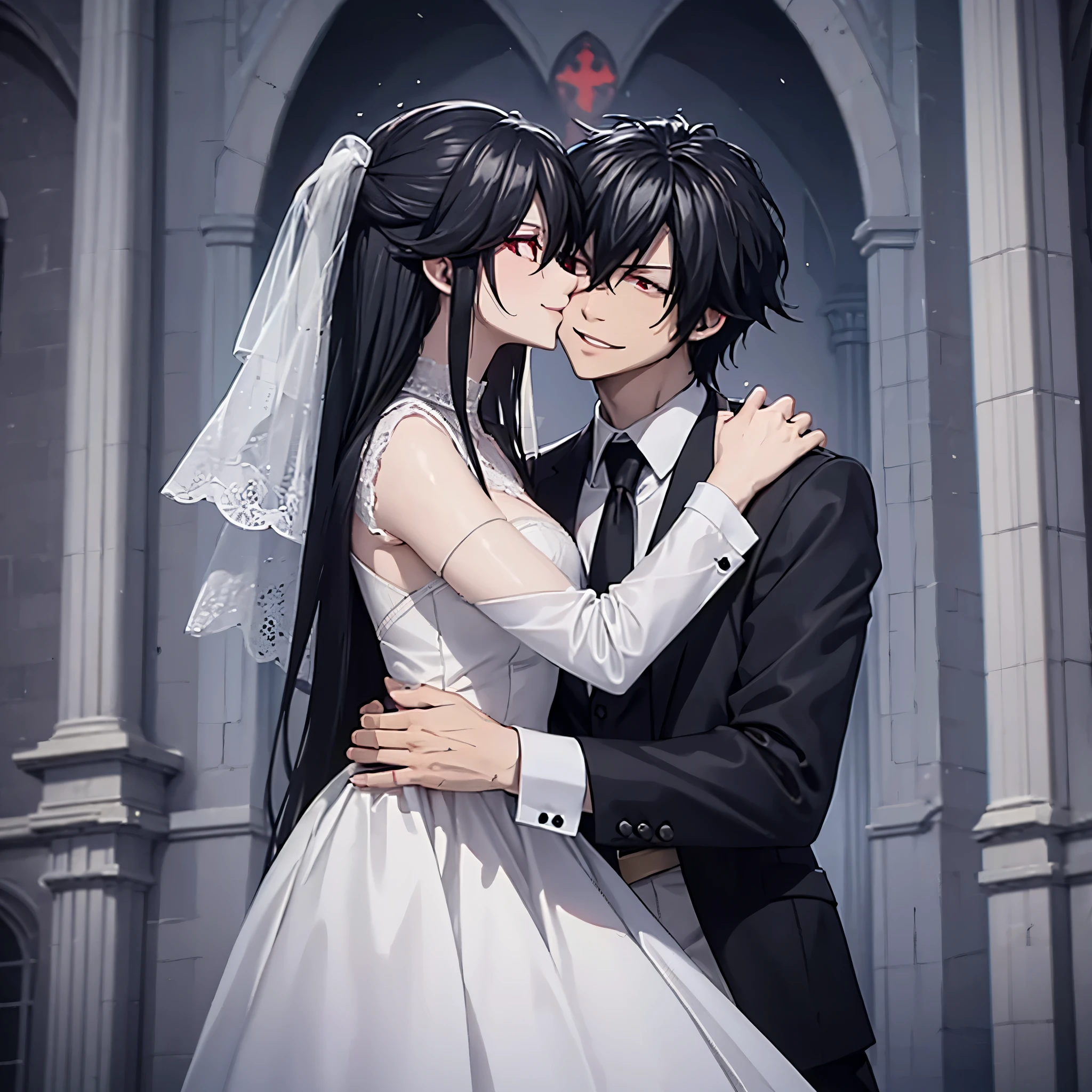 a man in a black suit hugging a woman and kissing. (red eyes), wearing white wedding clothes in a church, smiling, perfect features, perfect face
