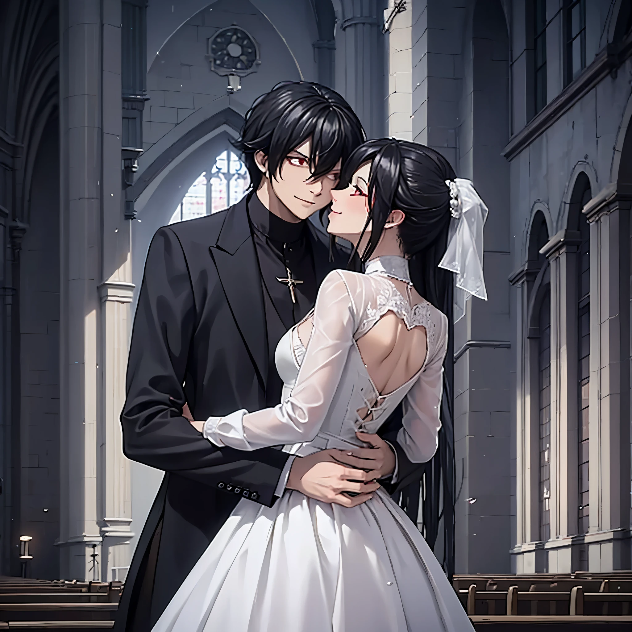 a man in a black suit hugging a woman and kissing. (red eyes), wearing white wedding clothes in a church, smiling, perfect features, perfect face
