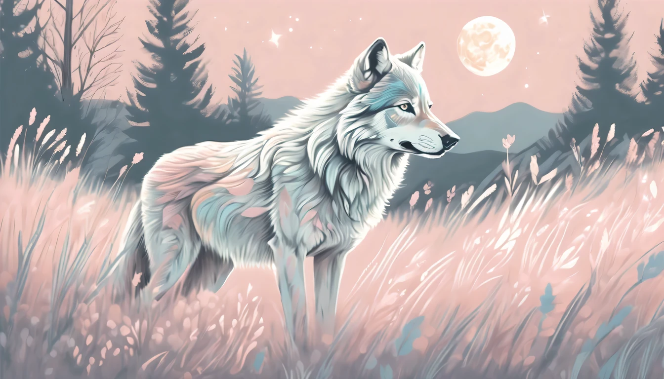 soft color palette and intricate chalk illustrations, featuring a wolf in a moonlit night, sitting in a field of soft grass, soft colors and delicate chalk strokes, cute touch of charm, dreamy world, pastel colors and sense of wonder, pop fantasy, truly breathtaking rendering, pastel colored chalk of stunning illustration, high quality, two cut-ins illustration, soft color palette and delicate pencil strokes, pastel colored paint, stunning baby pink and white, noble demeanor shining through, dashes through dreamy pastel landscape, fur flowing in the wind, beautiful coat of fur prances through, fur so intricately detailed, regal and graceful, whimsical fantasy world, warm and inviting landscape, pastel colors and sense of wonder, pop fantasy, truly breathtaking rendering,