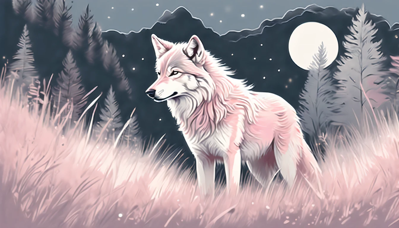 soft color palette and intricate chalk illustrations, featuring a wolf in a moonlit night, sitting in a field of soft grass, soft colors and delicate chalk strokes, cute touch of charm, dreamy world, pastel colors and sense of wonder, pop fantasy, truly breathtaking rendering, pastel colored chalk of stunning illustration, high quality, two cut-ins illustration, soft color palette and delicate pencil strokes, pastel colored paint, stunning baby pink and white, noble demeanor shining through, dashes through dreamy pastel landscape, fur flowing in the wind, beautiful coat of fur prances through, fur so intricately detailed, regal and graceful, whimsical fantasy world, warm and inviting landscape, pastel colors and sense of wonder, pop fantasy, truly breathtaking rendering,