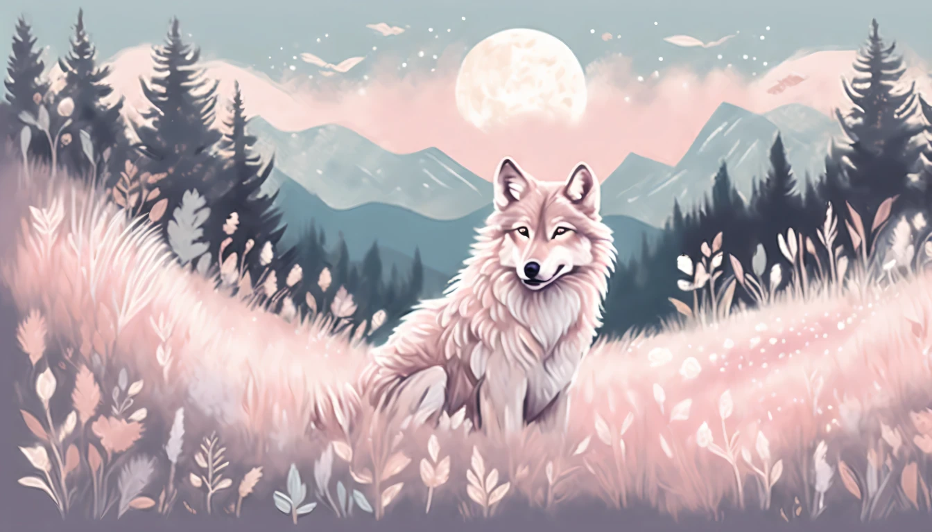 soft color palette and intricate chalk illustrations, featuring a wolf in a moonlit night, sitting in a field of soft grass, soft colors and delicate chalk strokes, cute touch of charm, dreamy world, pastel colors and sense of wonder, pop fantasy, truly breathtaking rendering, pastel colored chalk of stunning illustration, high quality, two cut-ins illustration, soft color palette and delicate pencil strokes, pastel colored paint, stunning baby pink and white, noble demeanor shining through, dashes through dreamy pastel landscape, fur flowing in the wind, beautiful coat of fur prances through, fur so intricately detailed, regal and graceful, whimsical fantasy world, warm and inviting landscape, pastel colors and sense of wonder, pop fantasy, truly breathtaking rendering,