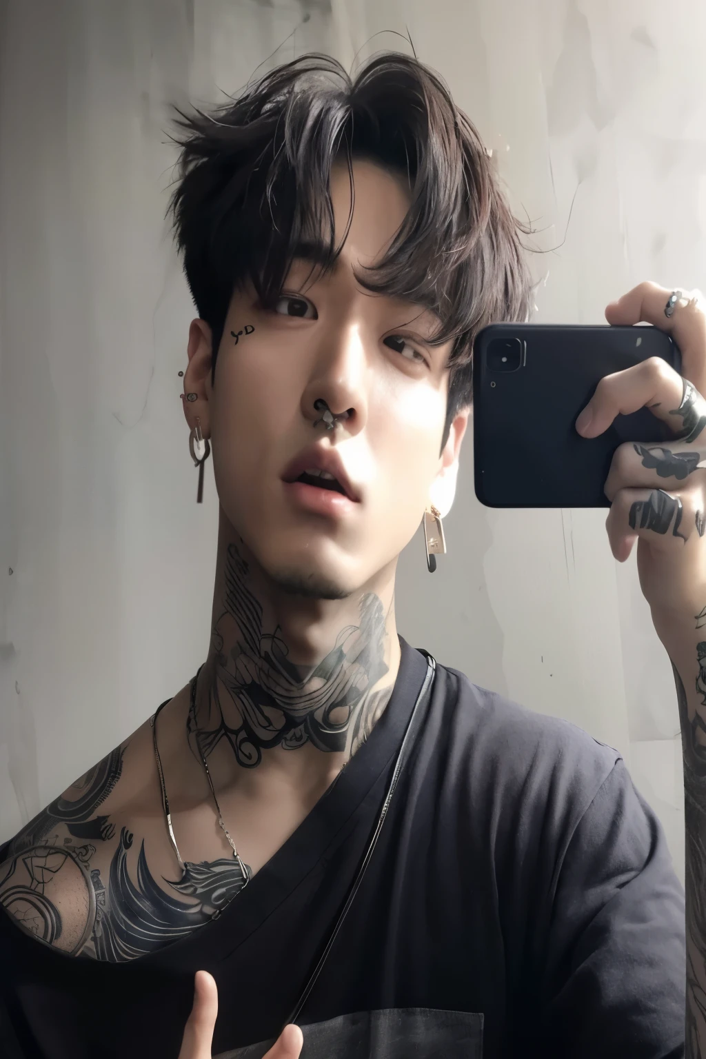 homem arafiado com tatuagens tirando uma selfie na frente de um espelho, Jungkook, cai xukun, pintar ulzzang, com tatuagem facial, Jinyoung Shin, taejune kim, hyung tae, 1 de 7 anos, rosto magro, homem sul-coreano, Hong junho hyung, inspirado em jeonseok lee, inspirado em Bian Shoumin, cute japanese demon boy