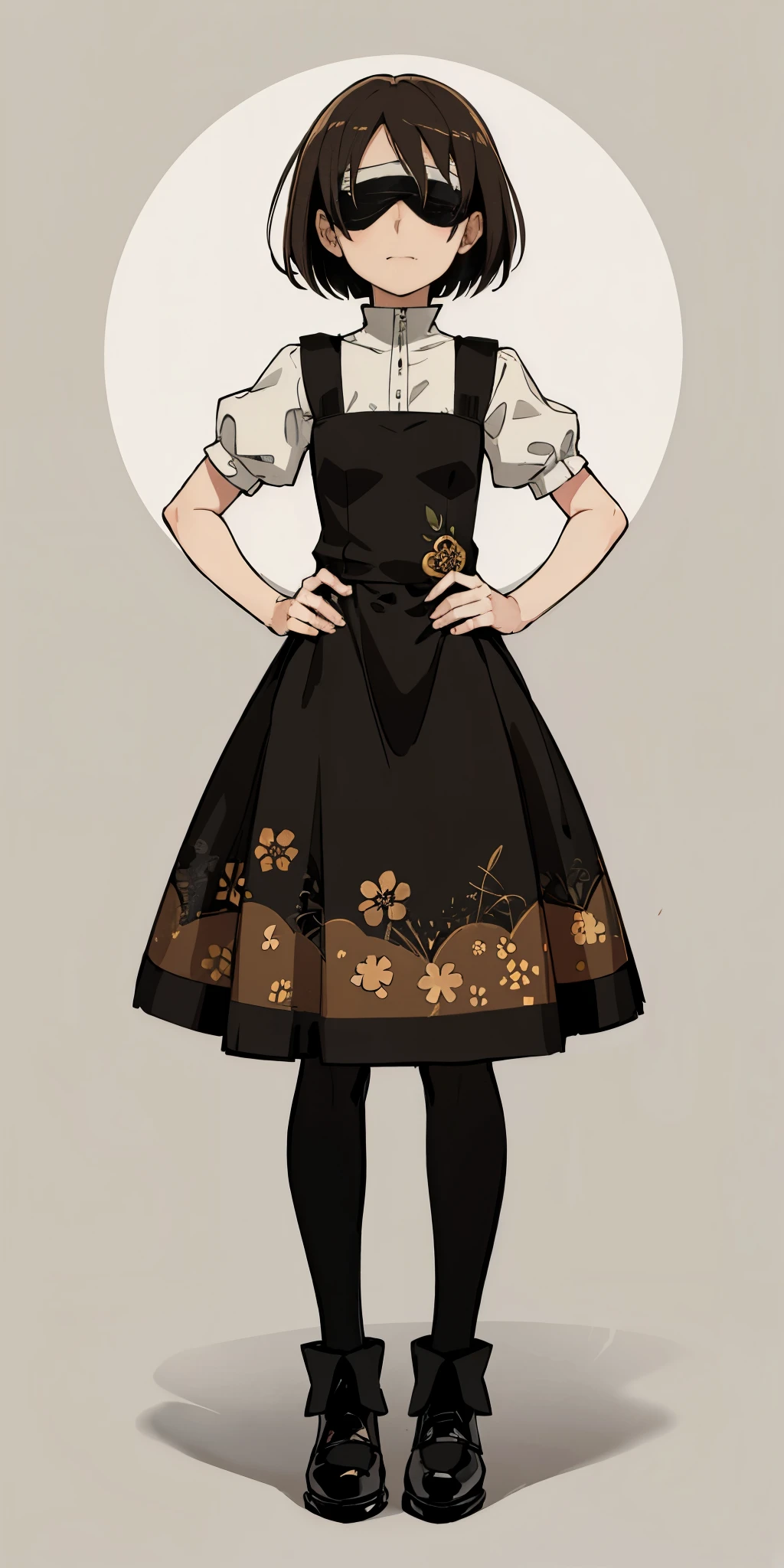 1 girl, ((masterpiece, sidelighting, beautiful eyes: 1.2), ultra-detailed, ultra high res, professional lighting, high quality makeup, beautiful detailed eyes), (best-quality:0.8), perfect anime illustration, beautiful, flat color background, simple background, full body , looking_at_viewer, solo, (full body:1.5), brown hair, dark brown eyes, (small breasts:1.1), solo,HuasaChile, Huasachina, shash, puffy dress, dress, puffy short sleeves, pantyhose, black footwear, floral print, print dress, hand on hip, handkerchief,toph, (blind:1.5)