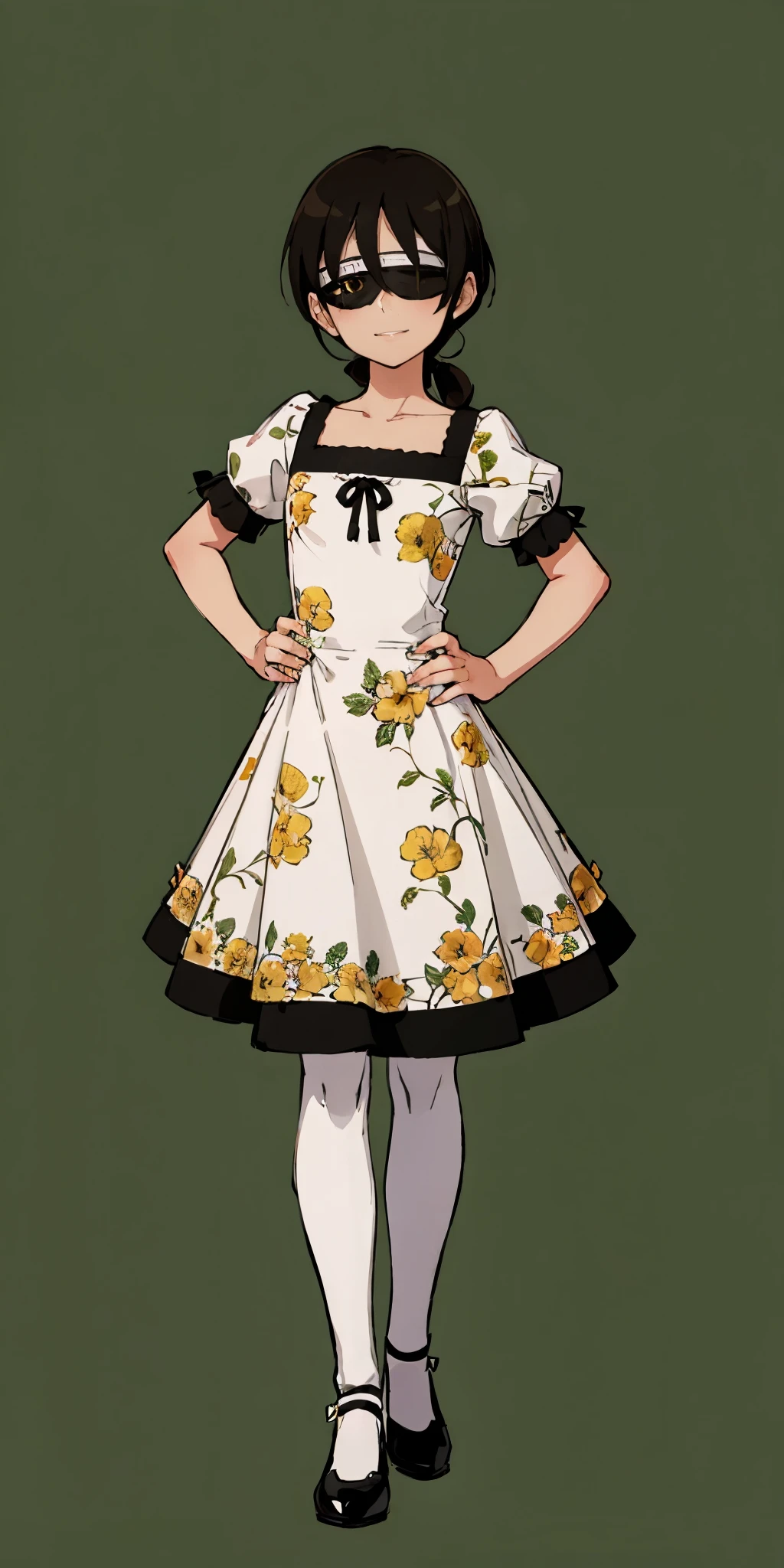 1 girl, ((masterpiece, sidelighting, beautiful eyes: 1.2), ultra-detailed, ultra high res, professional lighting, high quality makeup, beautiful detailed eyes), (best-quality:0.8), perfect anime illustration, beautiful, flat color background, simple background, full body , looking_at_viewer, solo, (full body:1.5), brown hair, dark brown eyes, (small breasts:1.1), solo,HuasaChile, Huasachina, shash, puffy dress, dress, puffy short sleeves, pantyhose, black footwear, floral print, print dress, hand on hip, handkerchief,toph, (blind:1.5)