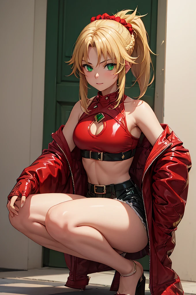 1 girl, fgomordred, modred, (green eyes:1.5), blonde hair, ponytail, short hair, scrunchie, red scrunchie, hair scrunchie, (small chest:1.2), BREAK blonde hair, red latex,latex, stading, BREAK looking at viewer, BREAK bedroom, BREAK (masterpiece:1.2), best quality, high resolution , unity 8k wallpaper, (artwork: 0.8), (beautiful detailed eyes: 1.6), extremely detailed face, perfect lighting, extremely detailed CG (perfect hands, perfect anatomy),latex, squatting