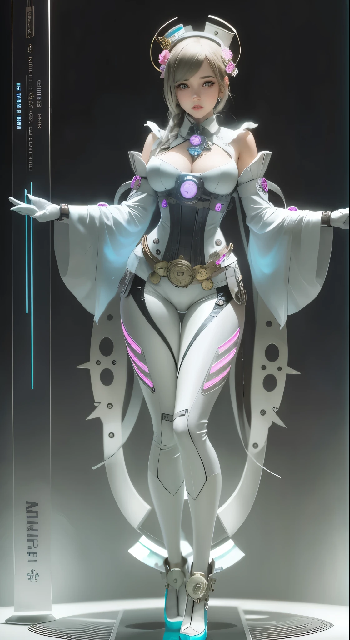 A full body photograph of Japanese female android made of transparent glass, white and silver plastic, geisha makeup and hairstyle, silver metal internal mechanisms, dynamic pose, flowing organic construction, detailed designs, glowing colorful circuitry, colorful neon trim, art by H.R. Giger, Greg Rutowski