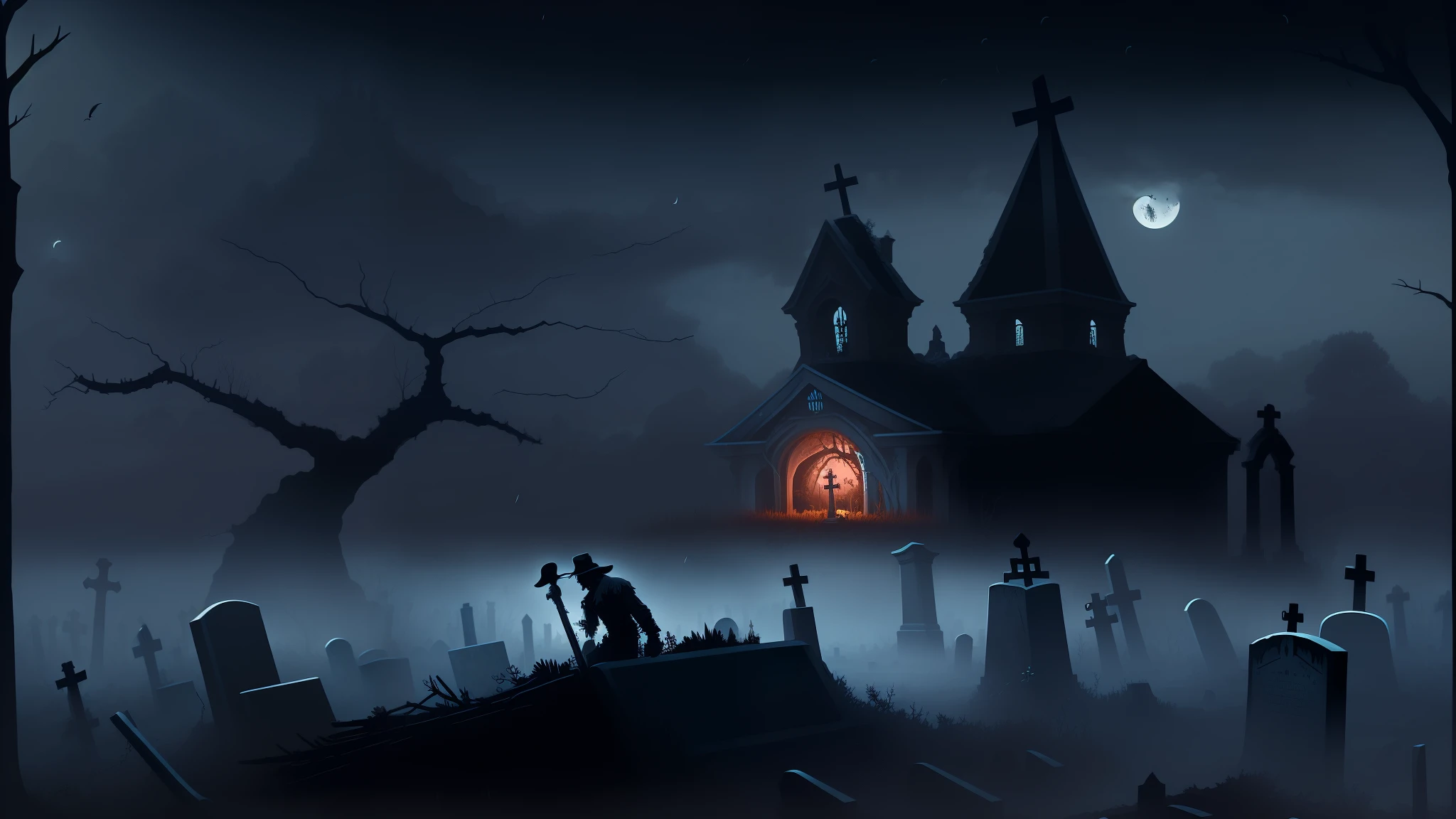 On a gloomy night a gravedigger digs a deep grave in an old cemetery with dry, old trees , Horror art style, Creepy magical background, Detailed 2D illustration, Matte digital illustration, Color digital illustration, Digital art, Illustration, Painting, Matte painting, highly detailed